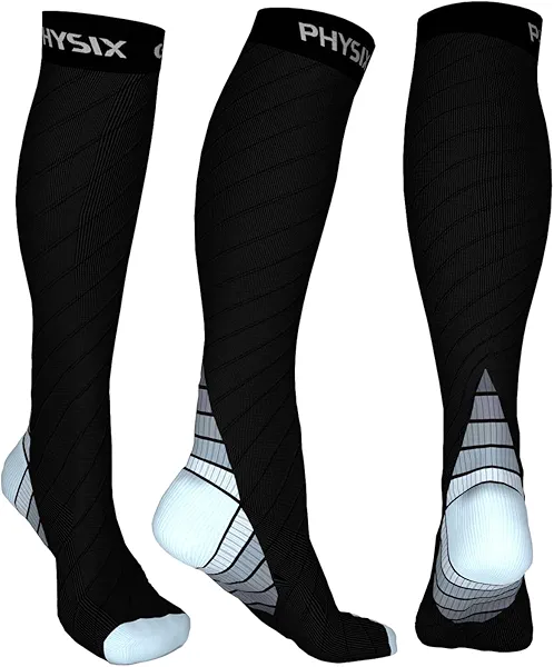 Physix Gear Compression Socks for Men & Women 20-30 mmhg, Best Graduated Athletic Fit for Running Nurses Shin Splints Flight Travel & Maternity Pregnancy -Boost Stamina Circulation & Recovery GRY LXL