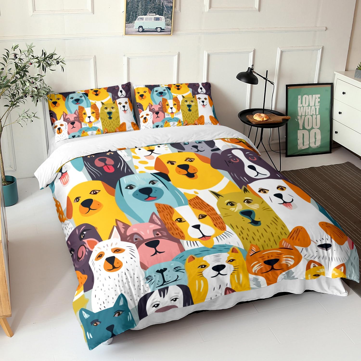 AILONEN Cartoon Puppy Duvet Cover Queen Size, Kawaii Dog Animal Bedding Set for Kids Girls Boys,Various Cute Dog Heads Comforter Cover,1 Quilt Cover 2 Pillowcases,3 PCS