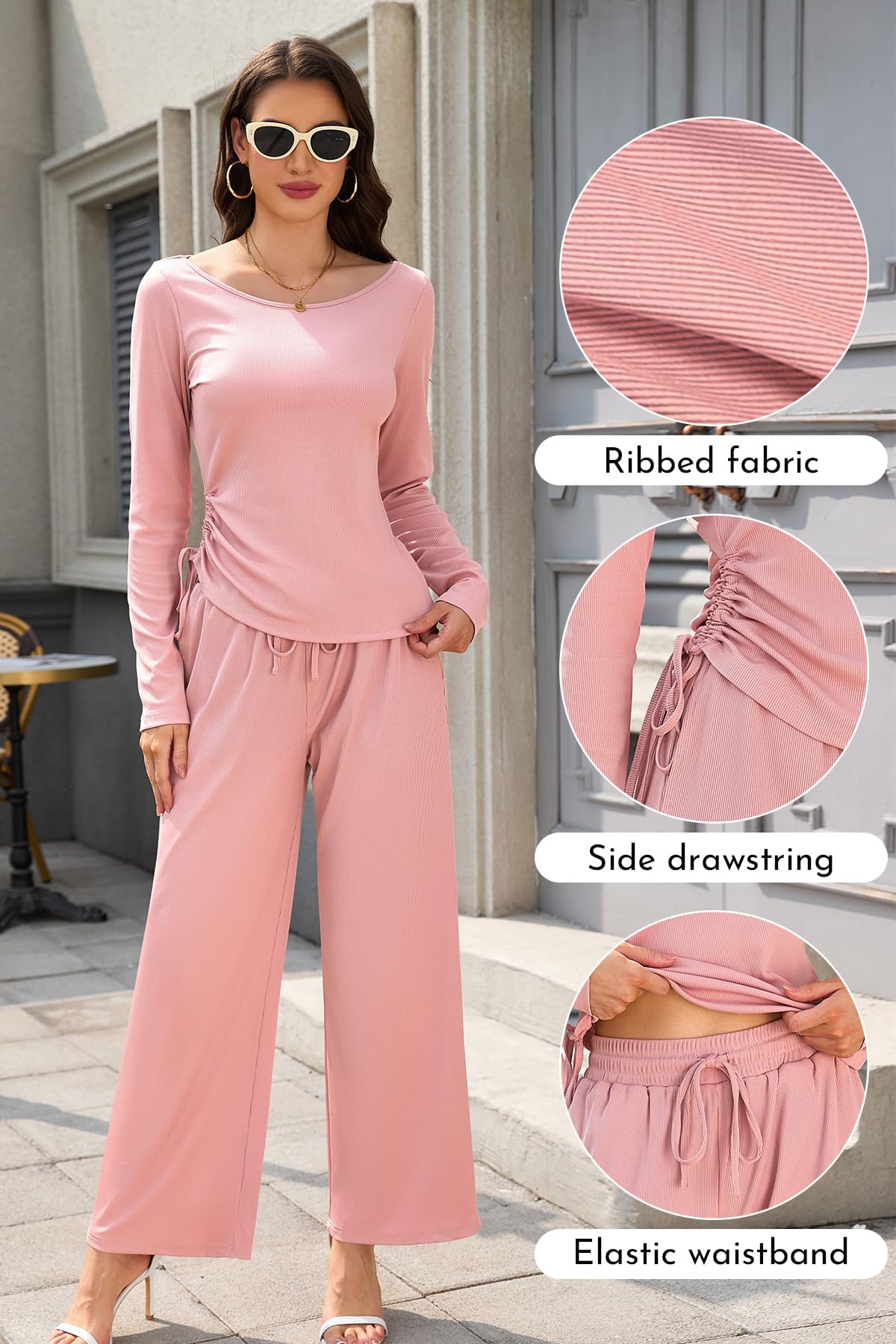 SHEKINI Dwuczęściowy damski elegancki dres treningowy, zestaw z długim rękawem, okrągły dekolt, strój do joggingu, krój slim fit, asymetryczne sznurowanie, bluza z szerokimi nogawkami, strój