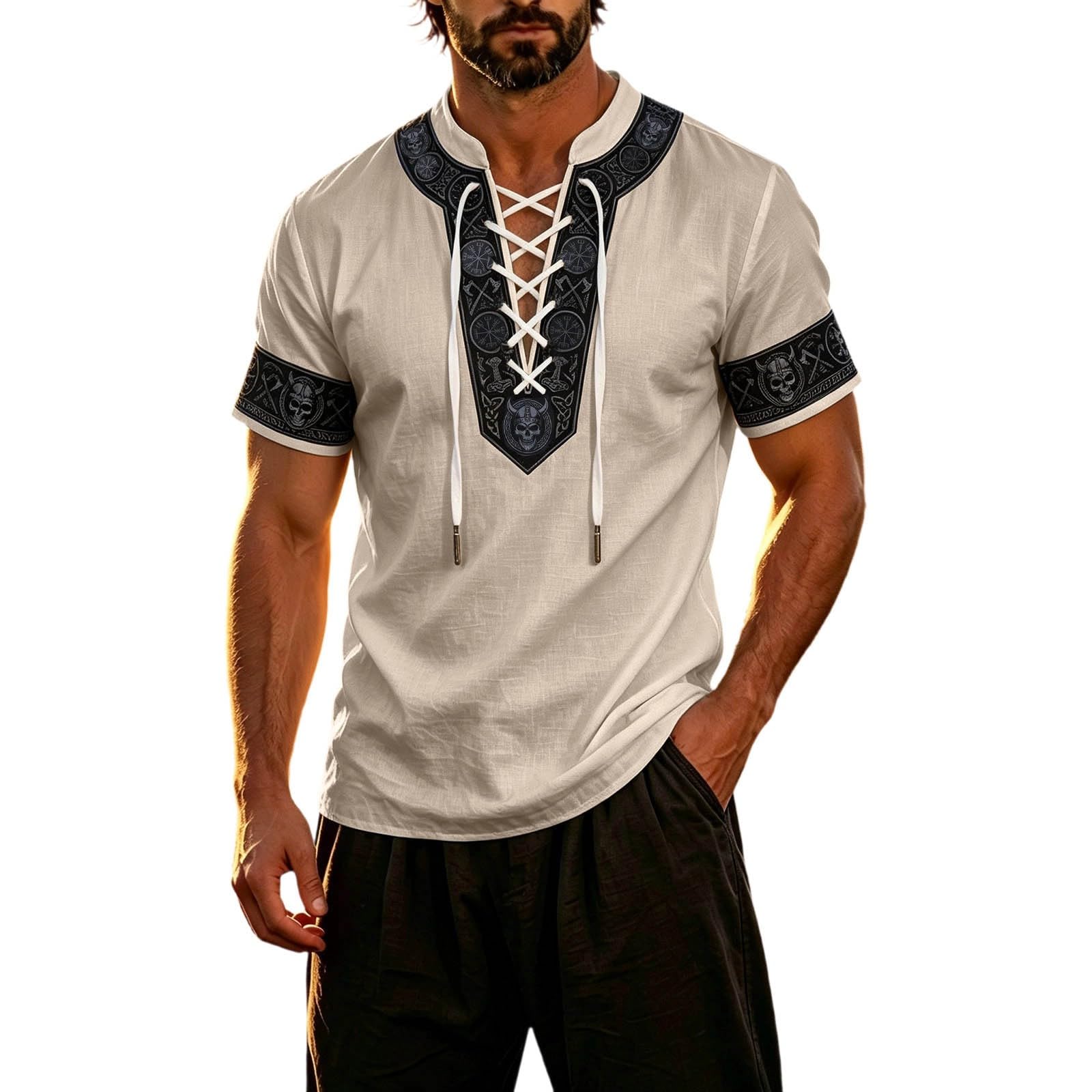 Summer Shirts for Men Short Sleeve Medieval Pirate Scottish Ghillie Shirt — image 1