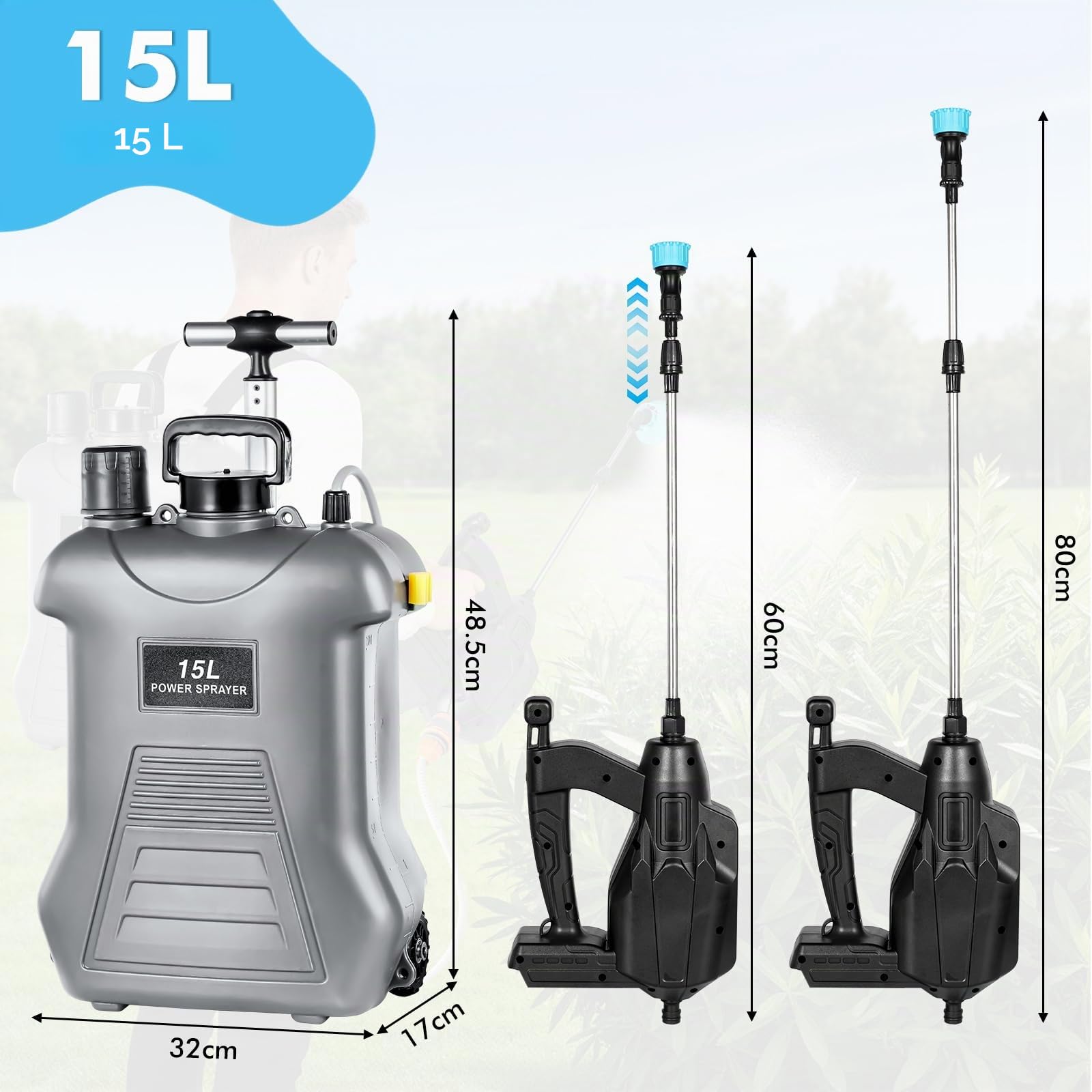 15L Pulverizador Electrico con Carro,Pulverizador Jardín Compatible Baterías Makita 18V,Mochila Pulverizadora,Pulverizadora Bateria con 5 Boquillas,3 Velocidad Ajustable, 3.0Ah Bateria,Telescópica