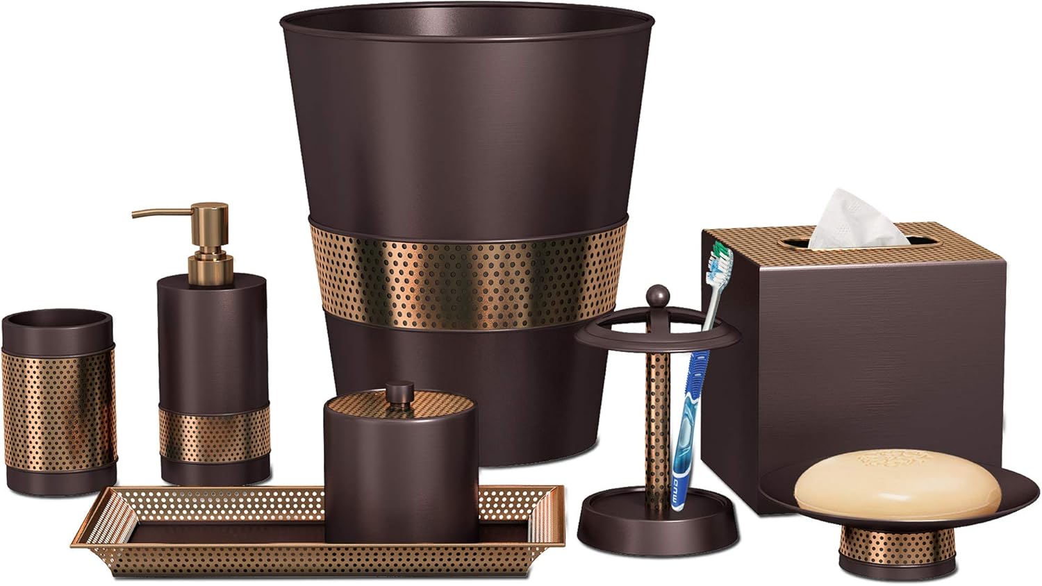 nu steel Selma Steel Bath Set for Vanity Countertop, 8 pcs Luxury Ensemble - Cotton Swab, soap Dish, Toothbrush Holder, Tumbler, soap Pump, Waste Basket, Tissue Box, Tray- Copper & Oil Rubbed Bronze