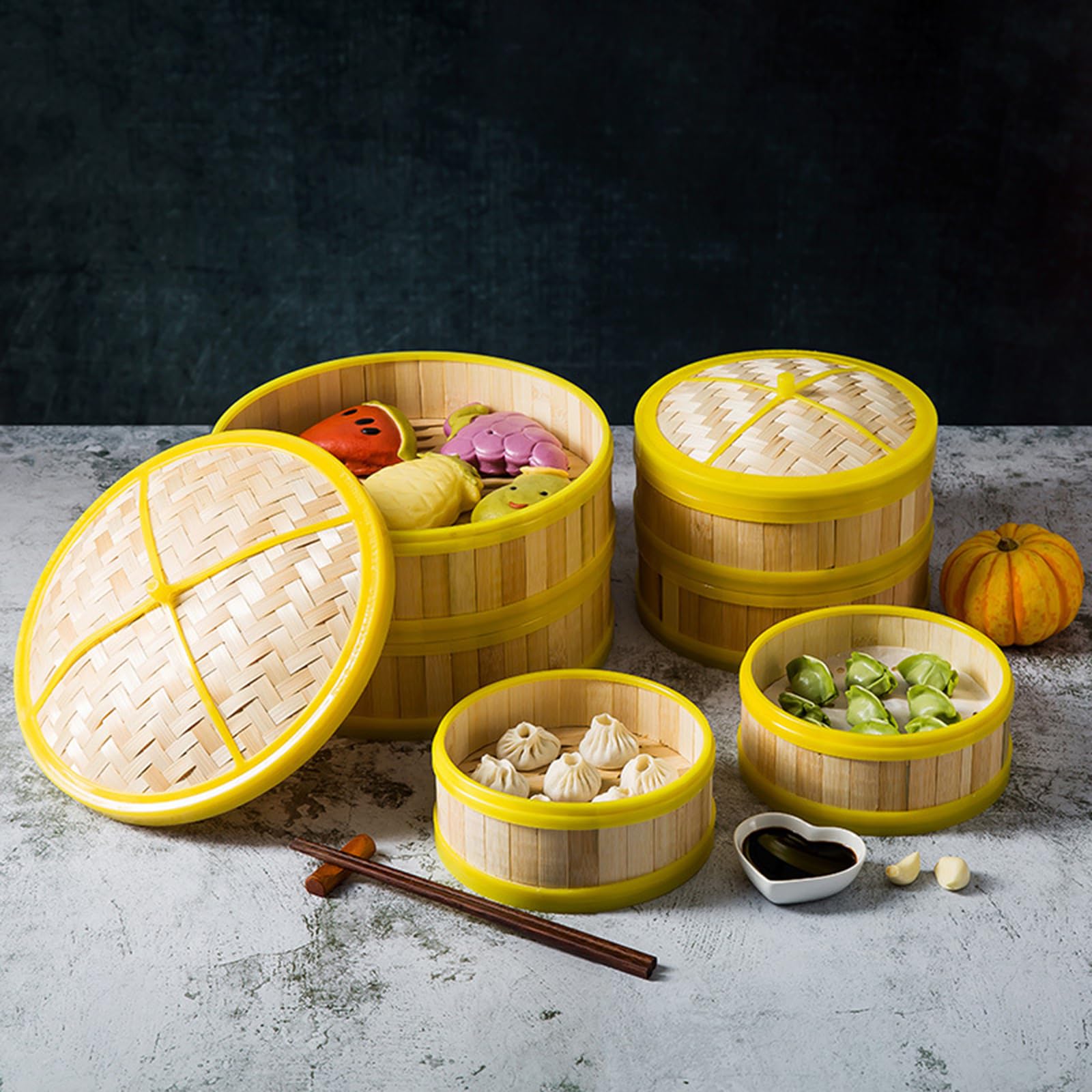 14 cm Bambus-Dampfgarer, traditionelles Design, chinesischer Dampfgarer, zwei Ebenen mit Deckel und Gummiring, geeignet für Dim Sum und Gemüse, Dämpfen kleiner Knödel