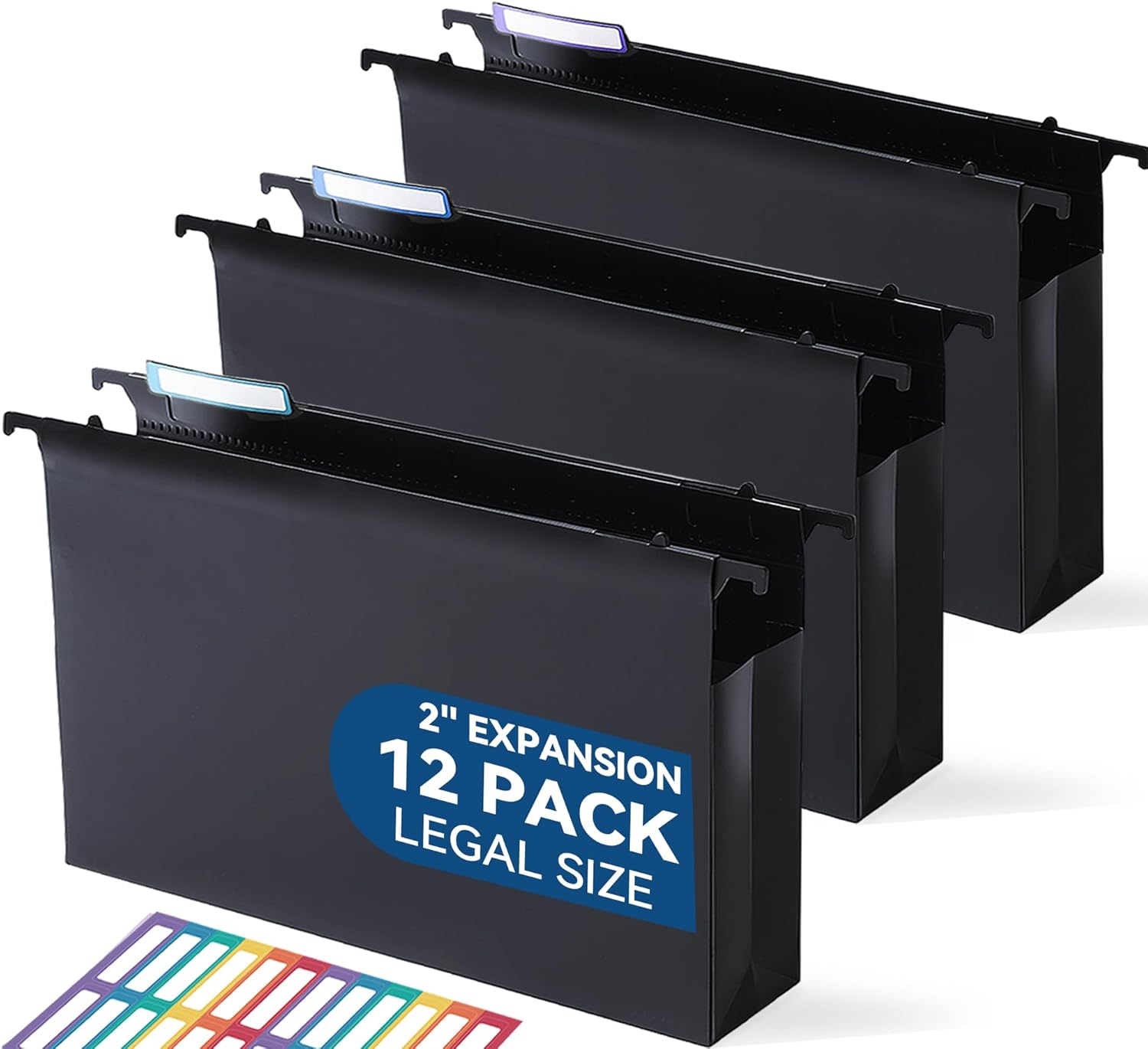Plastic Extra Capacity Legal Size Hanging File Folders, 2" Expanding Pocket, Heavy Duty for Filing Cabinet, Insertable 1/5-Cut Tabs - 12 Pack Black