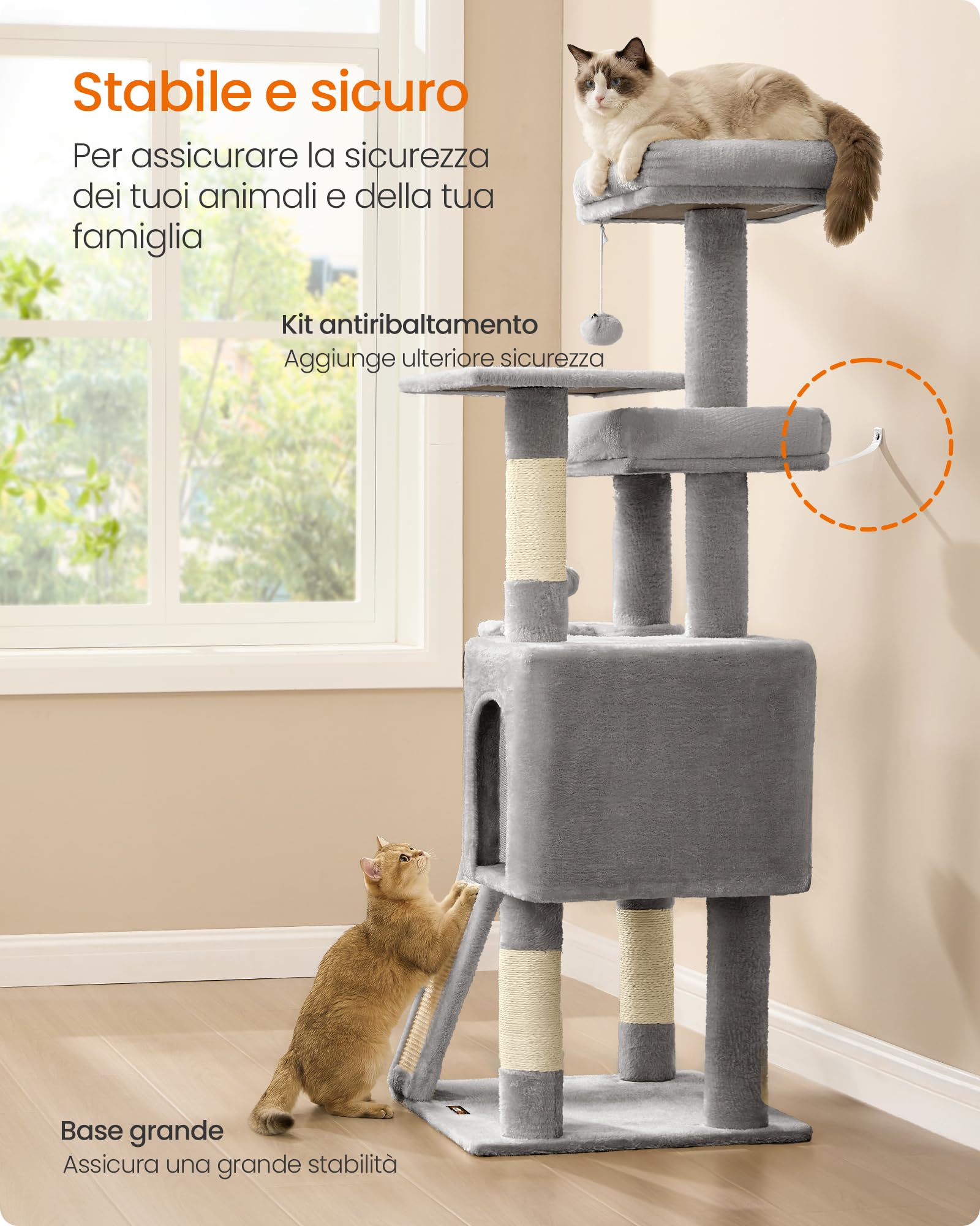 Feandrea Albero Tiragraffi, Torre per Gatti con Pali e Rampa Graffiatoio, 3 Grandi Piattaforme, 1 Cuccia, 1 Cestino, 2 Pompon, Altezza 136 cm, Grigio Tortora PCT012GD01