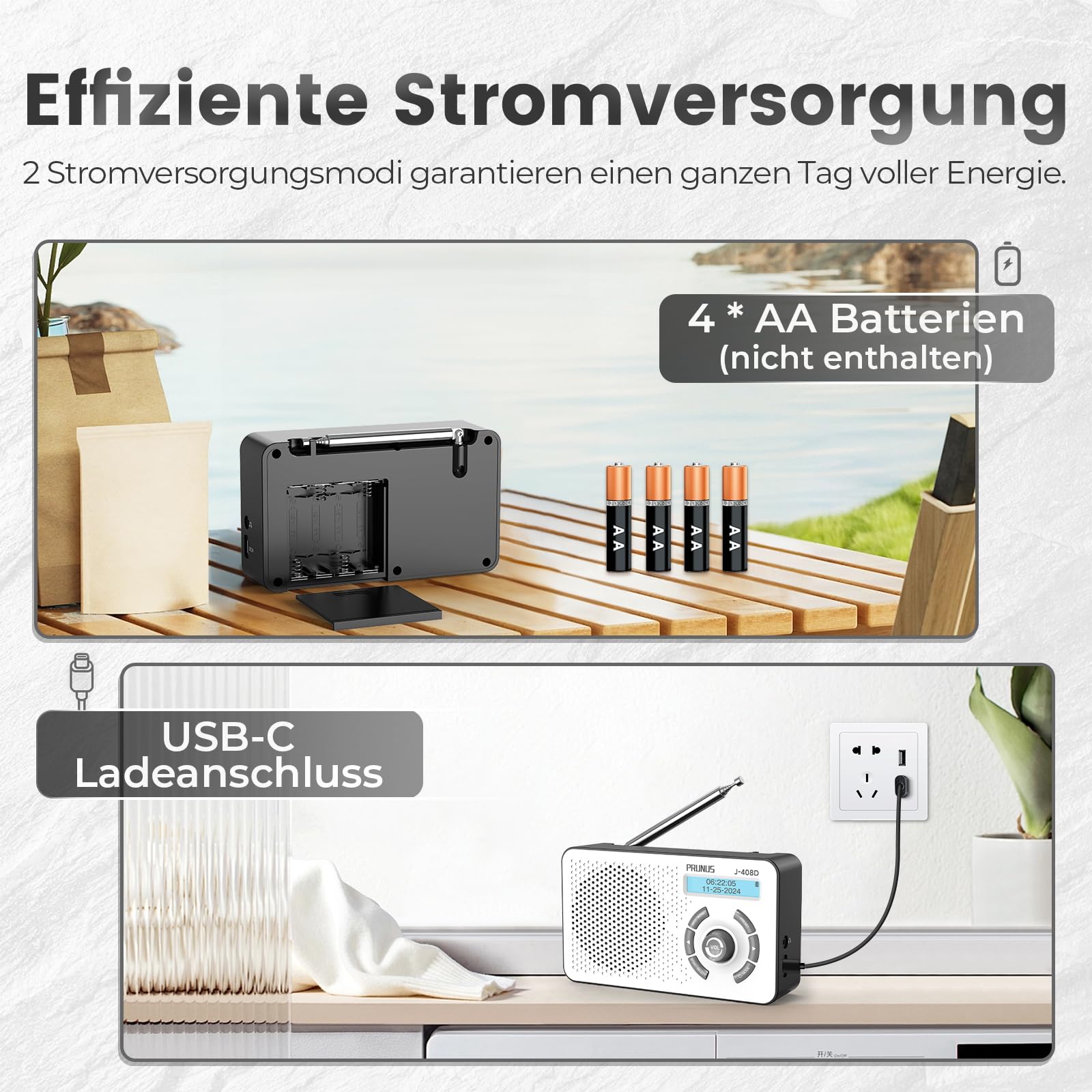 PRUNUS J-408 UKW DAB Radio mit Bluetooth 5.3, DAB Plus Radio Batteriebetrieben oder 2000mAh Akkubetrieb, Digital Radio mit 40-FM & 40-DAB Voreinstellungen, Kopfhörerbuchse/Dual Alarm/Sleep-Timer.