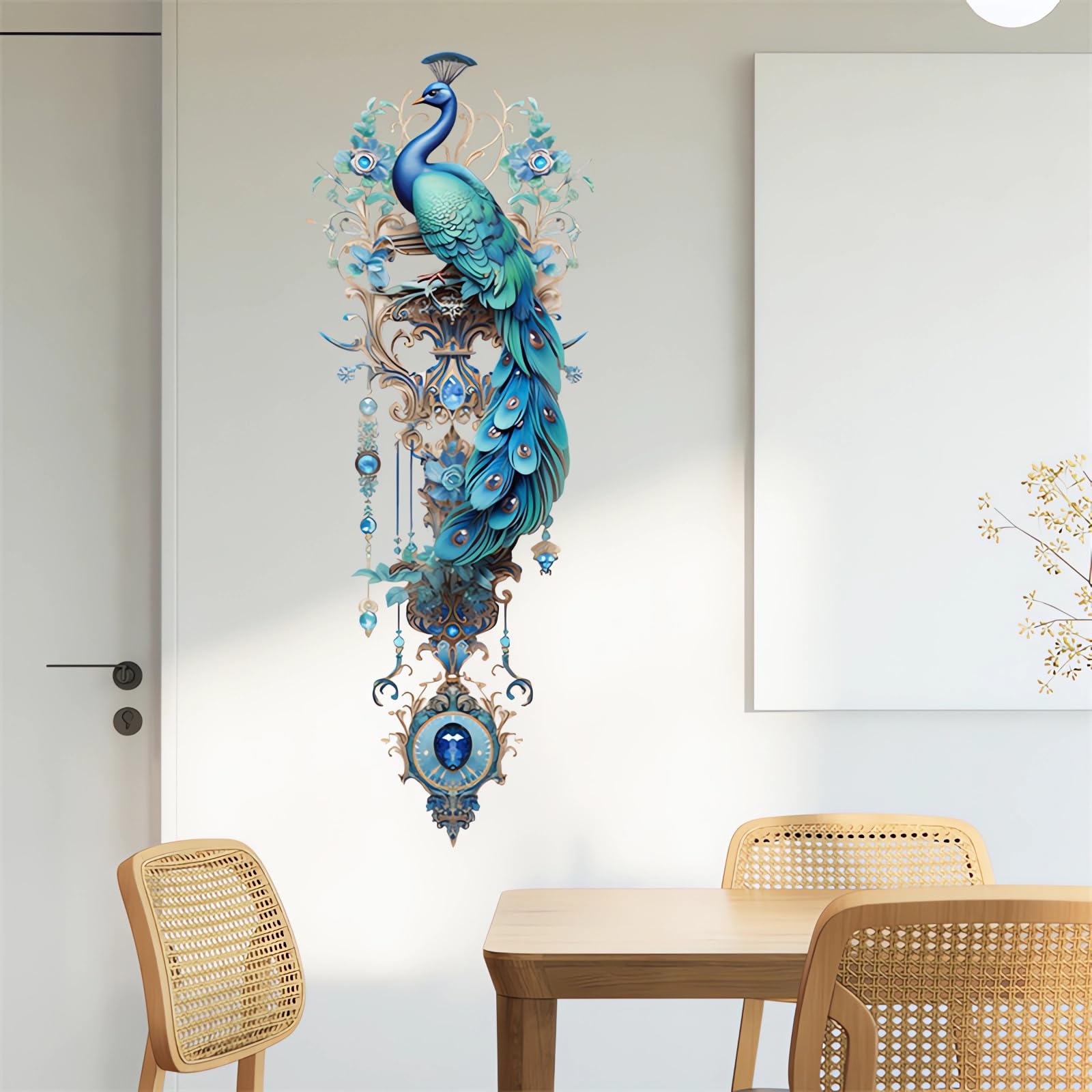sacinora Gorgeous Blue Peacock Painted Wall Stickers, Peacock Pendant Art Wall Decals Removable Vinyl Peel and Stick for Living Room Bedroom Sofa TV Background Home Decorations
