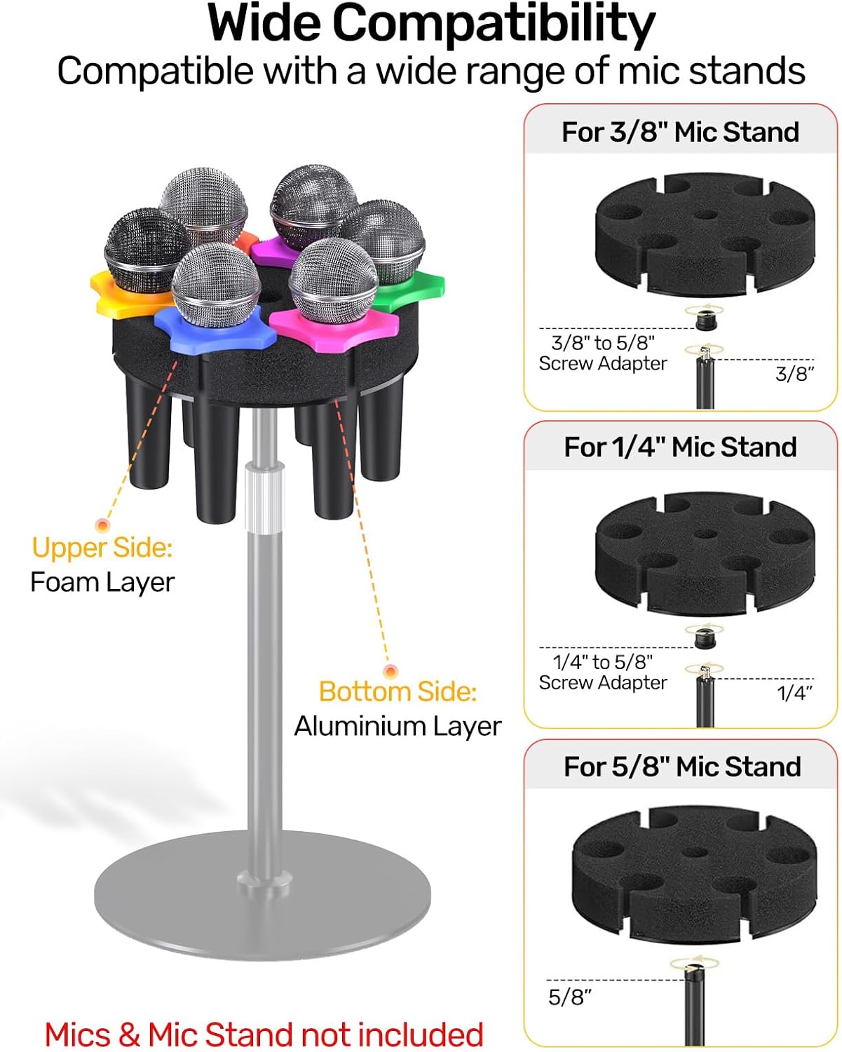 6-Slot Microphone Holder Combo, Aluminum Mic Rack with Foam & Rubber Protection, Fits 5/8, 3/8 & 1/4 Thread for Studio Stage Church image 5