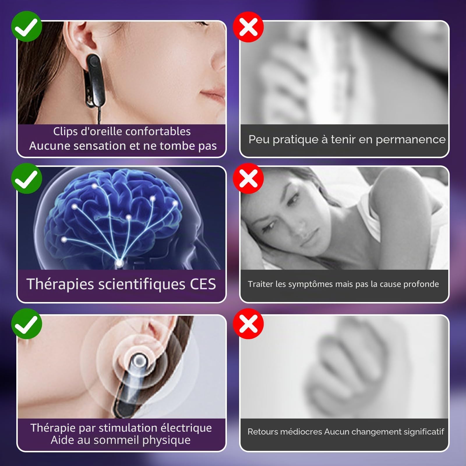Appareil d'aide au sommeil avancé, appareil de stimulation du nerf vague avec clips d'oreille, aide au sommeil, CES réduit l'anxiété, appareil d'aide au sommeil micro courant, 3 modes 9 forces, charge