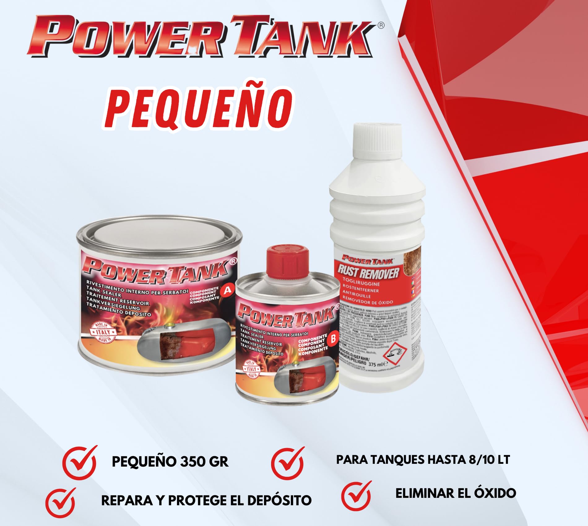 POWER TANK - Tratamiento Tanque Deposito Moto (8/10 Litros) Kit Pequeño Small 350 g para Interior de Tanques Elimina Óxido Repara Protege Tanques Oxidados de Motos Vespa Ciao Ciclomotores de Época