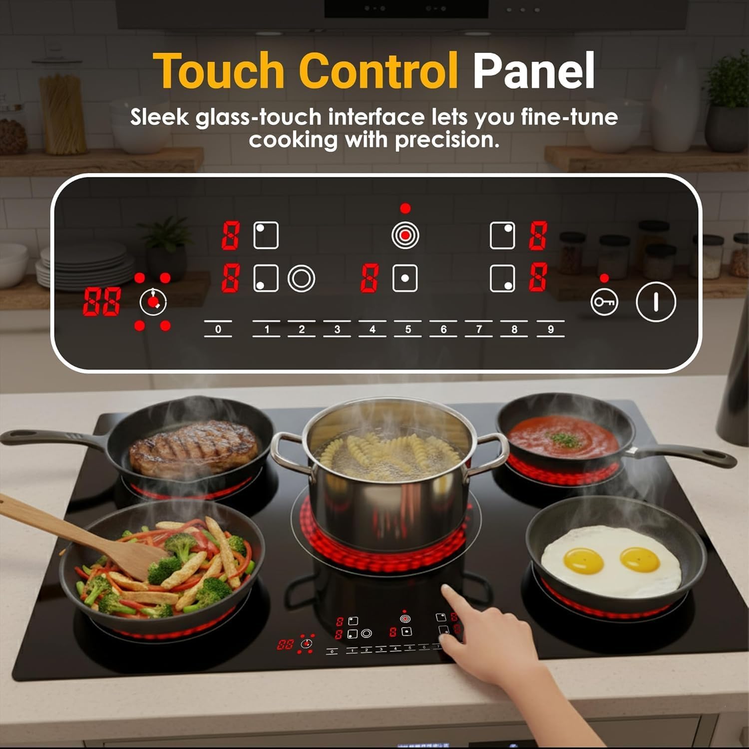 K&H 5 Burner Electric Cooktop -36 Inch Built-In Radiant Ceramic Stove Top with 9 Power Levels & Touch Control, Compatible with All Cookware, 240V, 9600W High-Power Built-in Electric Stove, CE36-10208