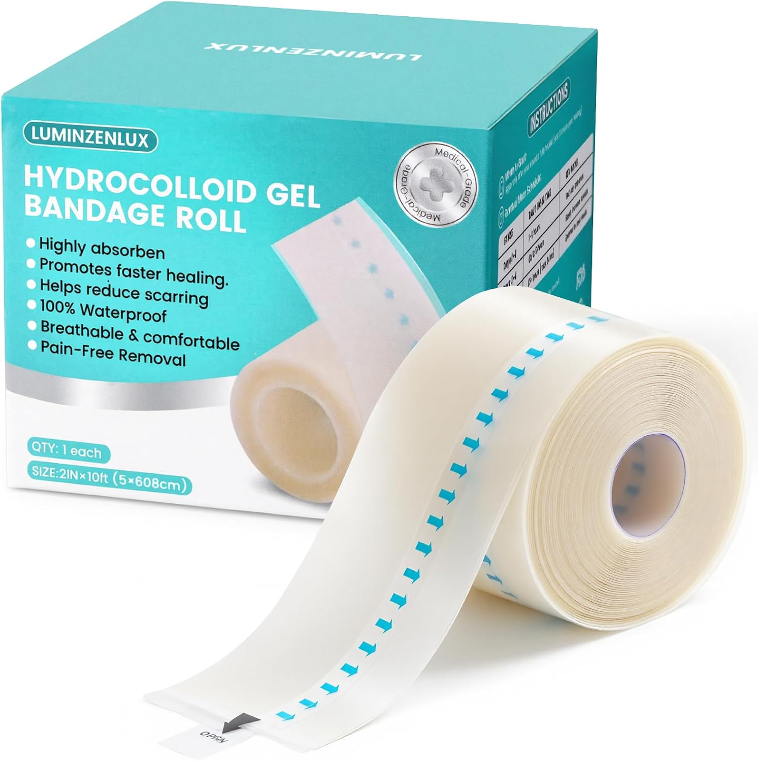 Hydrocolloid Roll for Wound Care - Medical Grade Self-Adhesive Gel Bandages, Ultra Absorbent & Waterproof Bandage, DIY Cut-to-Size First Aid Supply (2in×20ft)