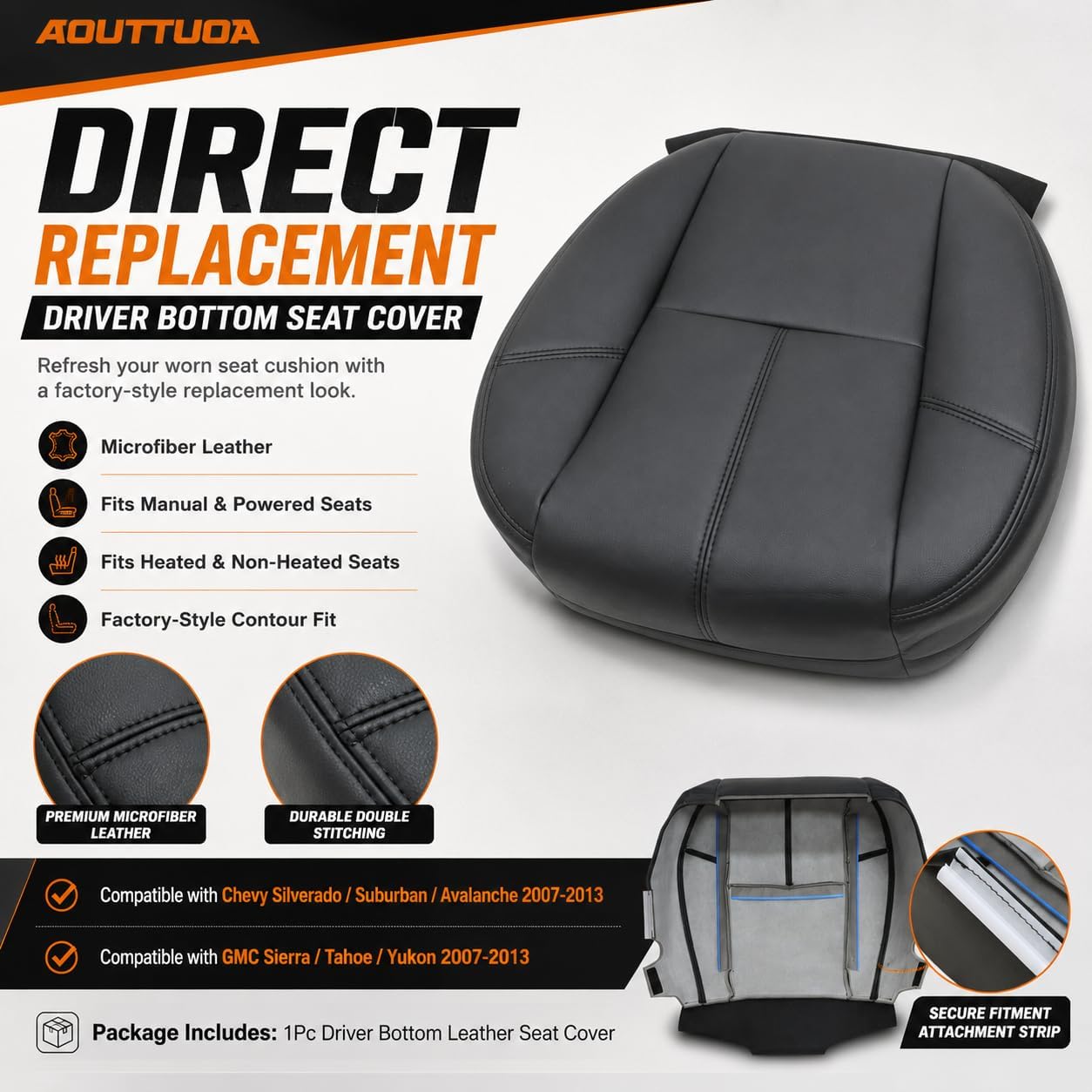 #193 Black Driver or Passenger Side Bottom Replacement Seat Cover Microfiber Leather Fit for Chevy Silverado Suburban Avalanche GMC Sierra Tahoe Yukon 2007 2008 2009 2010 2011 2012 2013 2014