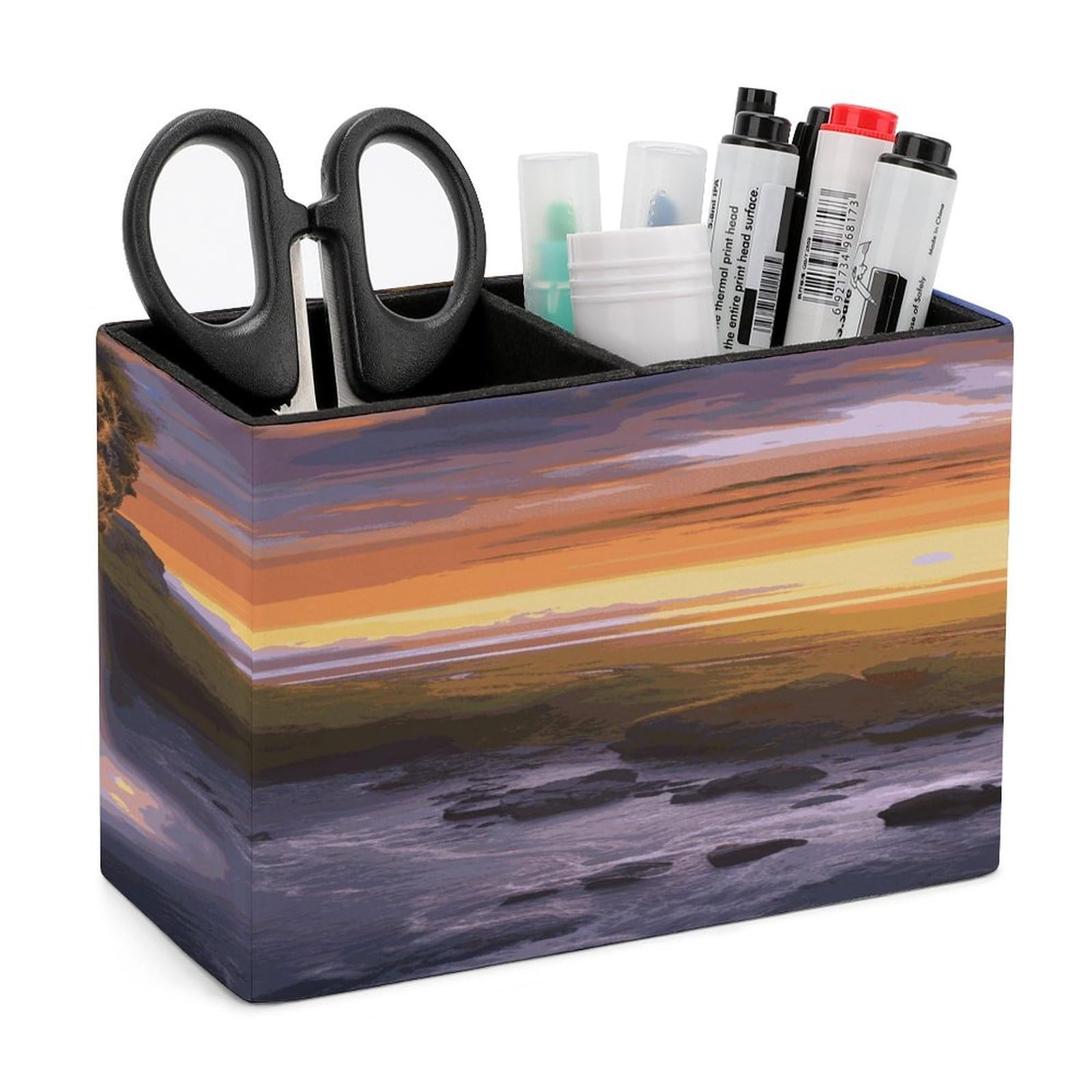 VstaDank Waterfall at Sunset Pencil Holder for Desk(Double Slots) Fashion Leather Pencil Cup Simple Rectangular Shape Pen Holder Multi-Functional Pen Cup for Home Office Supplies Storage