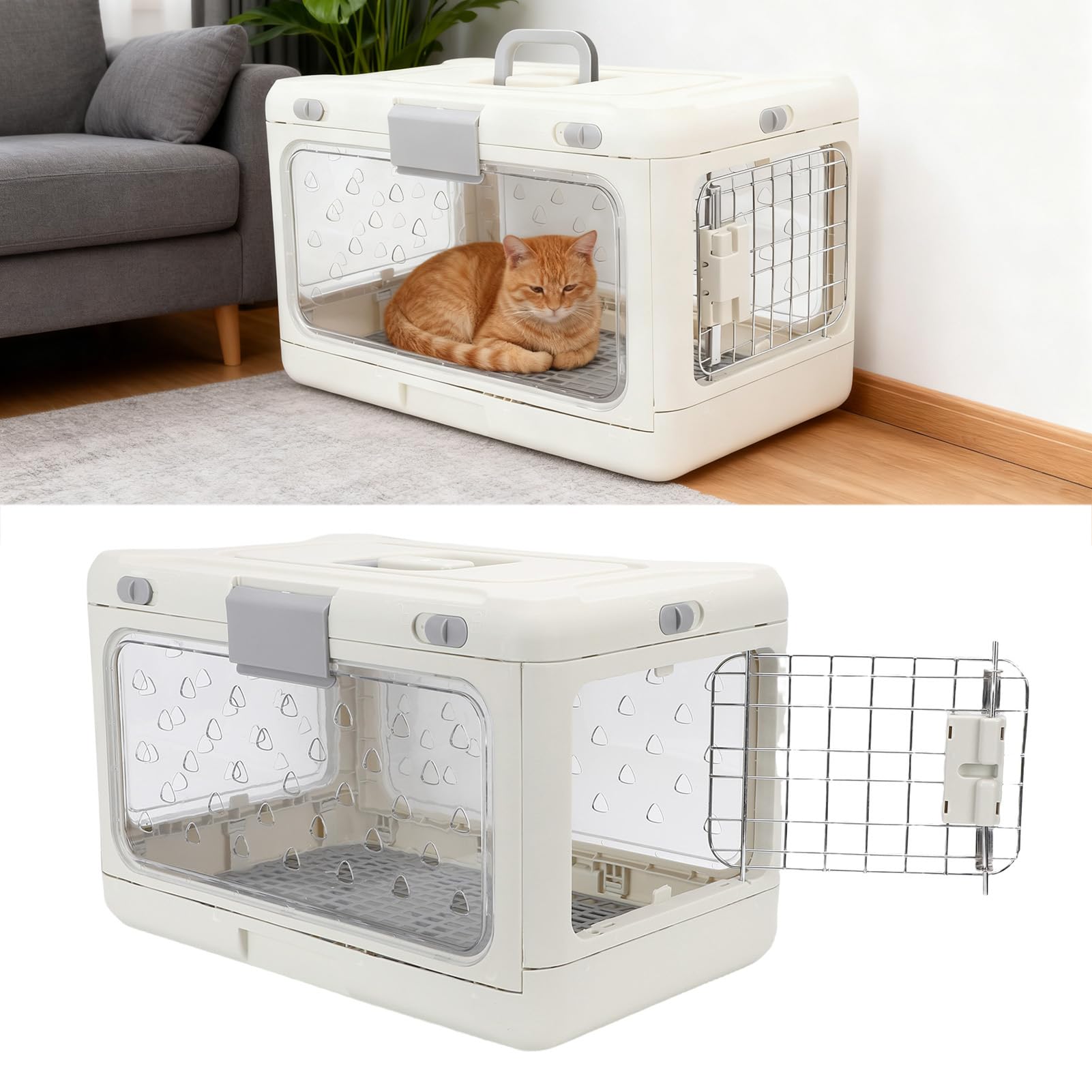 Große, Faltbare Katzenbox aus Kunststoff für Reisen, Tragbare Katzentransportbox, Transparente Reise-Haustiertransportbox für Flugzeug, Auto, Entworfen für Viel Platz,