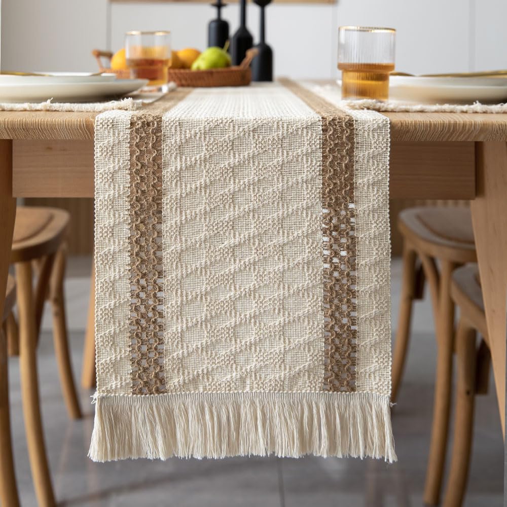 Odot Table Runner Vintage Fringe Boho, Seasonal Fall Winter Machine Washable Kitchen Dining Table Decoration long tablecloth, for Thanksgiving Events Home Party Decor (30x120cm,Khaki white D)