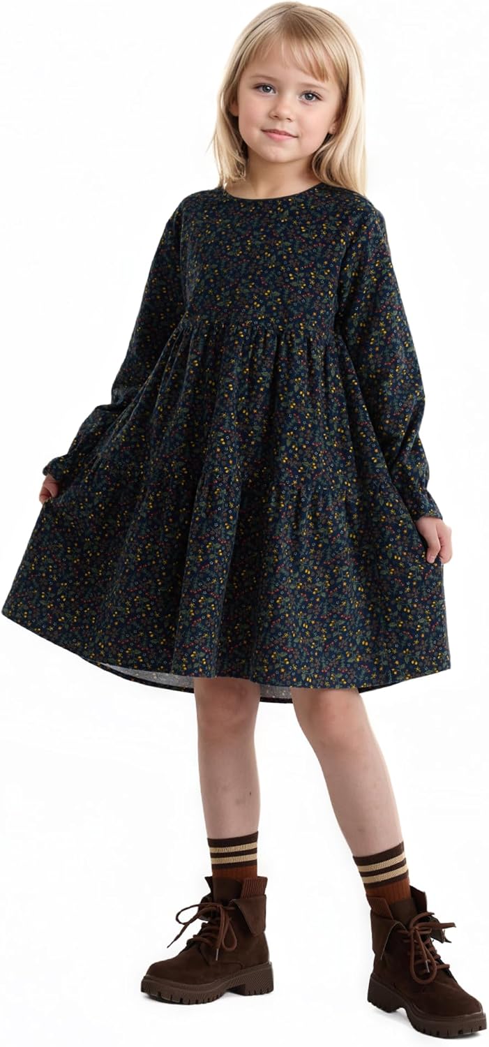 solomate Girls Floral Round Neck Long Sleeve Dresses 4-14Y Elastic Waist Cuffed Sleeves Print Dress for Kids Navy Blue - Image 2