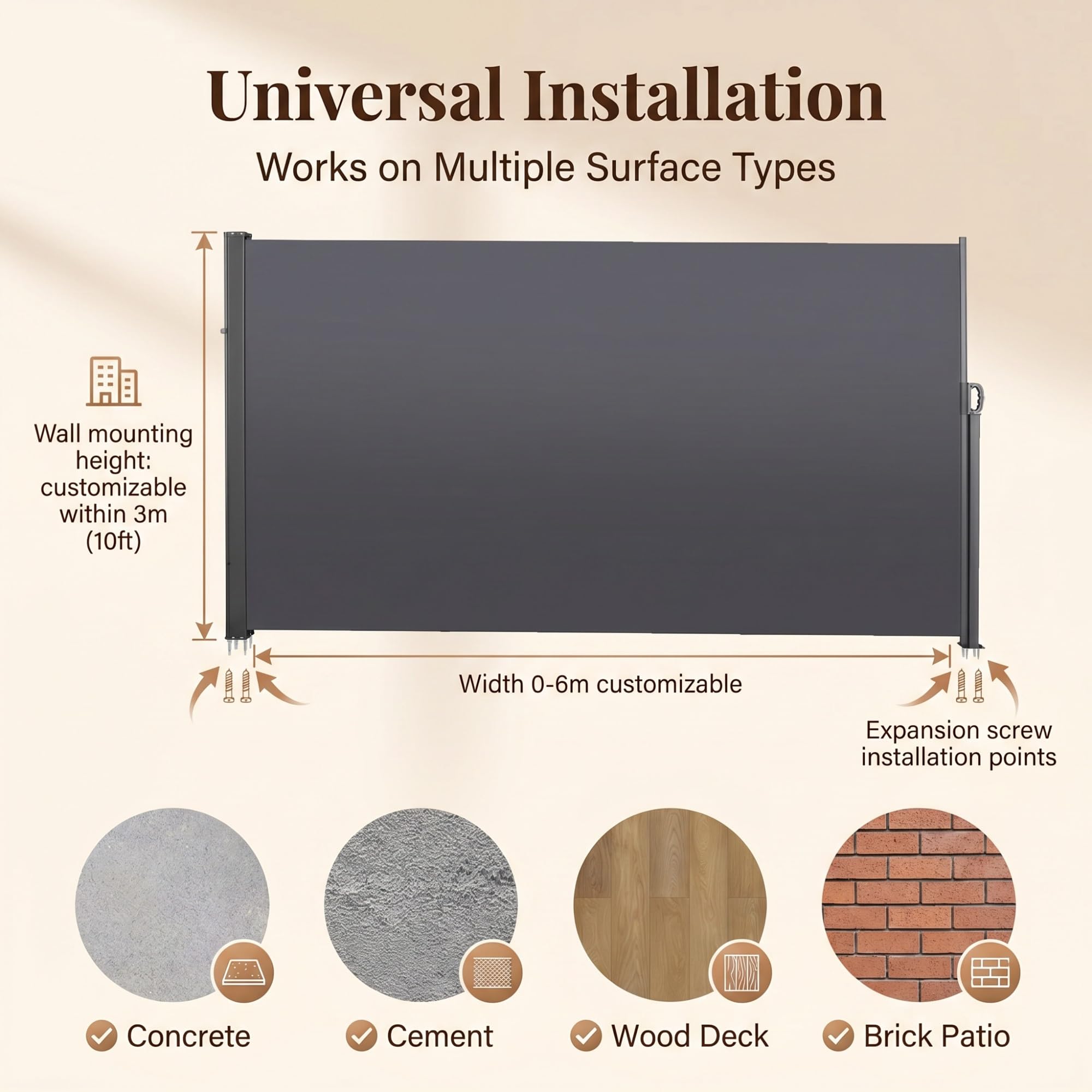 Auvent de terrasse rétractable avec accessoires de montage, brise-vue extérieur et pare-soleil pour balcon, terrasse, tonnelles et abris