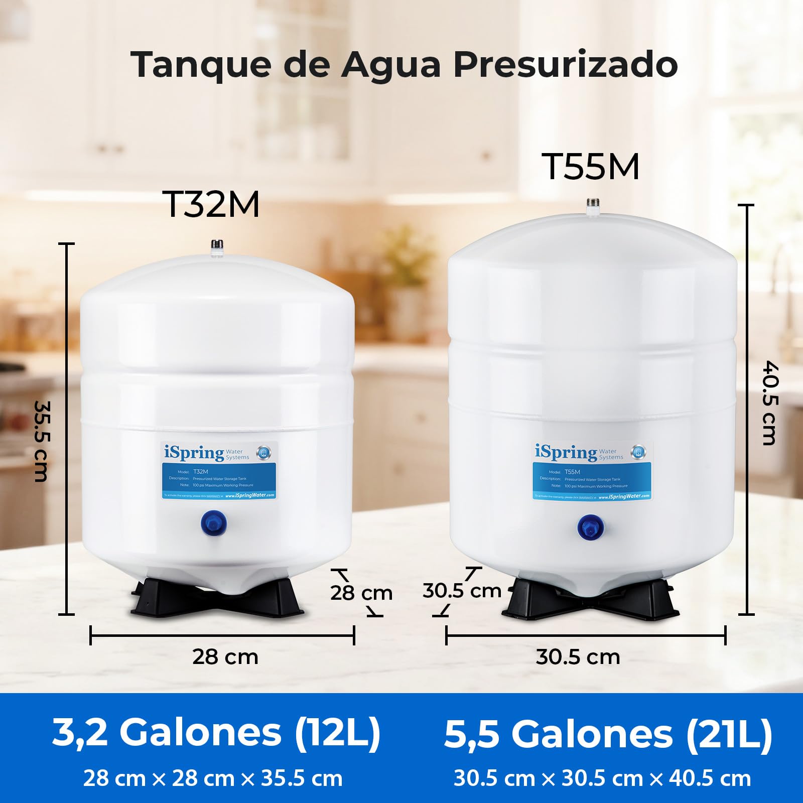 iSpring T32M Depósito de Almacenamiento de Agua para Sistema de Filtración de Ósmosis Inversa, 3.2 Galones (12 L), Tanque de Presión de Metal de Alta Resistencia, Conexión de 1/4", con Válvula de Bola