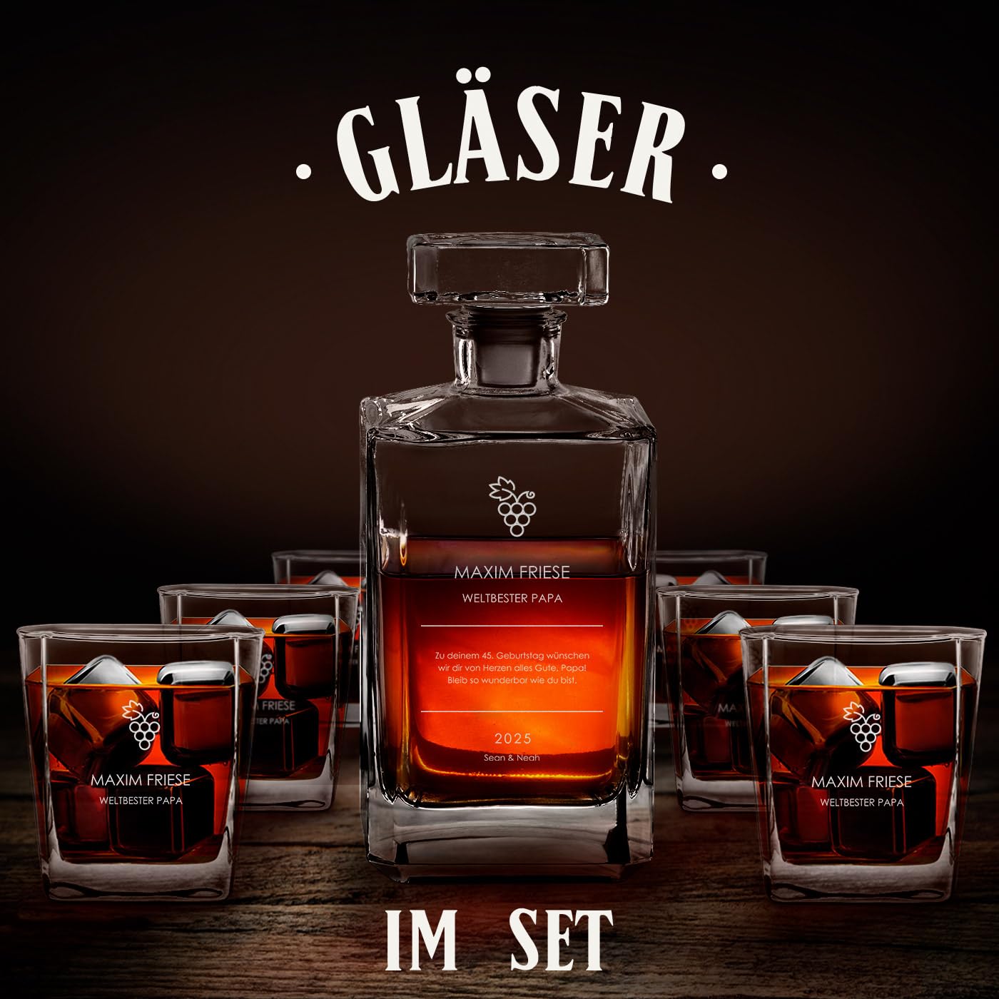 Maverton Bourbon Whiskey Karaffe + 6 Whiskygläser mit Gravur personalisiert