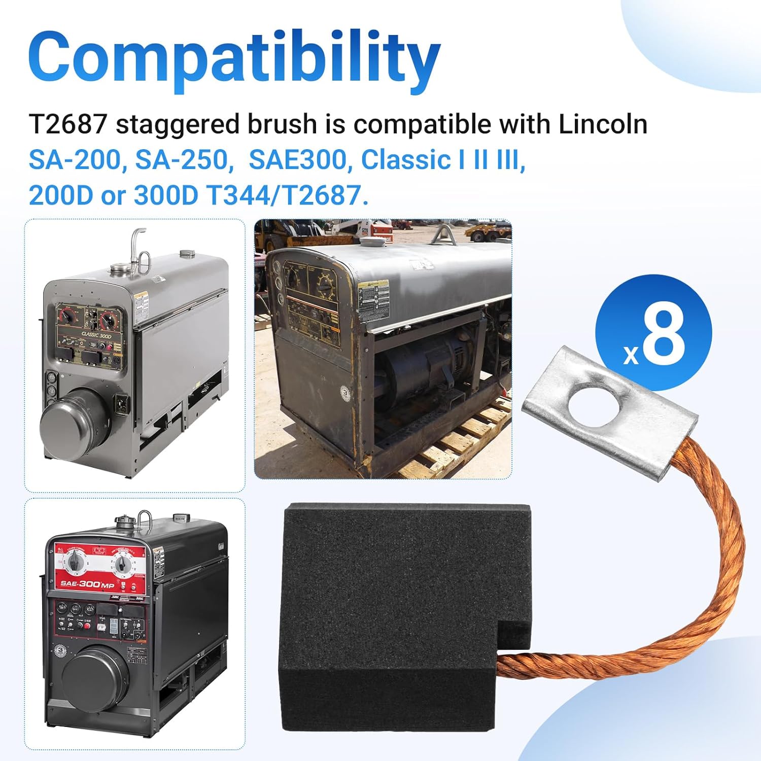 (Set of 8) T2687 Main Brush for Lincoln Welder SA-200 SA-250 CLASSIC I II III 200D 300D Redface Black face Short Hood