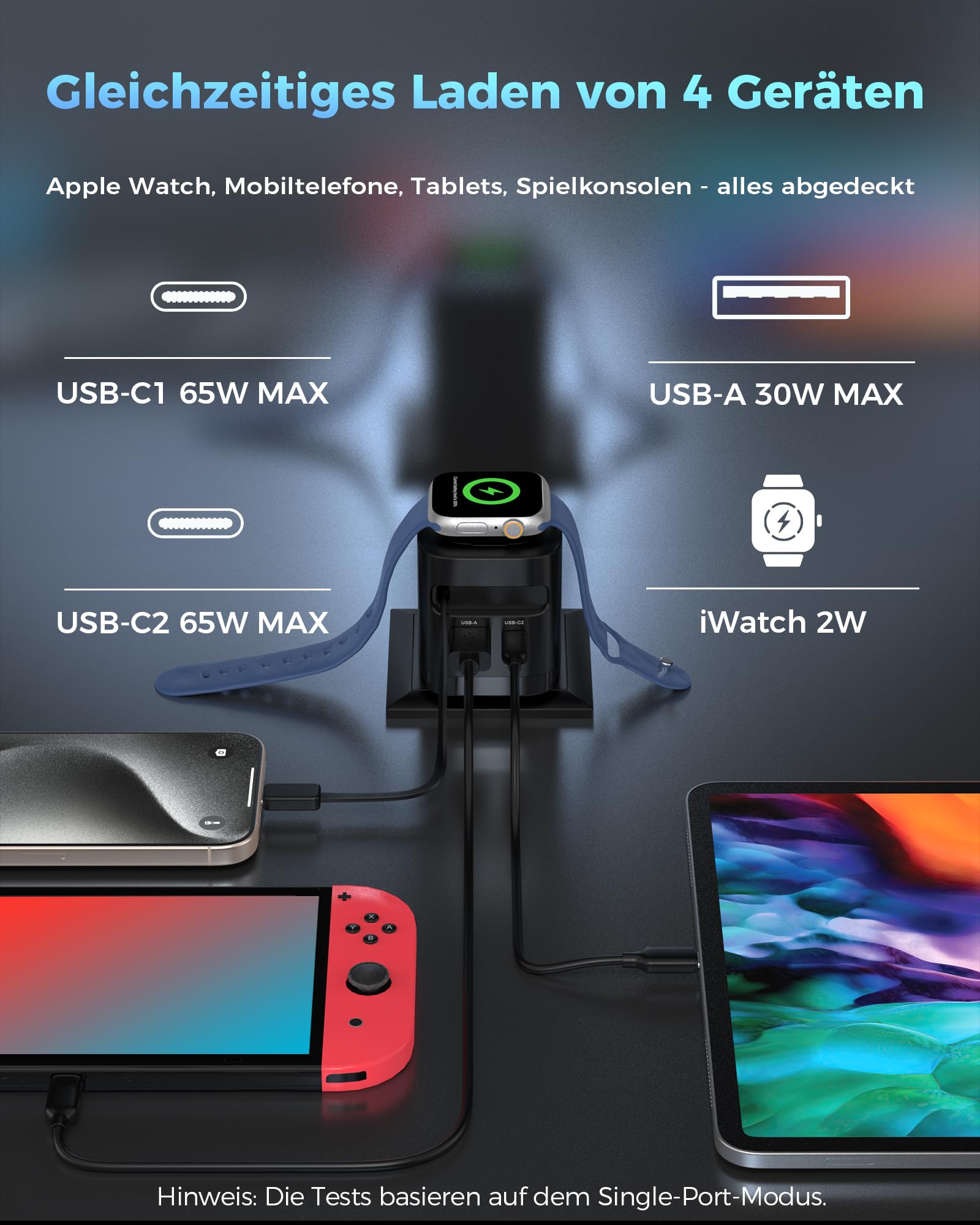 65W USB C Chargeur avec Rétractable câbles pour Apple Watch, Adaptateur Secteur USB C GaN à 4 Ports avec câble pour Apple Watch Ultra/11/10/9/8/7/SE, pour MacBook, pour iPhone, pour iPad. Noir