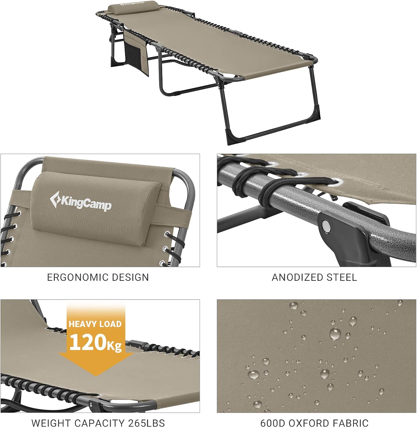 KingCamp Reclining Lounger 4-Position Adjustable Foldable Heavy Duty Cot Chair Camping Folding Bed with Pillow & Pocket for Patio Garden Beach Pool Tent Camping Beige: Kitchen & Dining