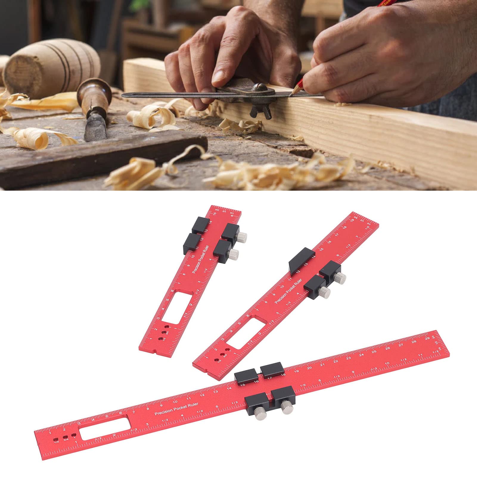 Holzbearbeitung, Positionierung, Messen, Anreißen, Lineal, roter Stopper, Zimmermannsmarkierung, 16, 20, 30 cm