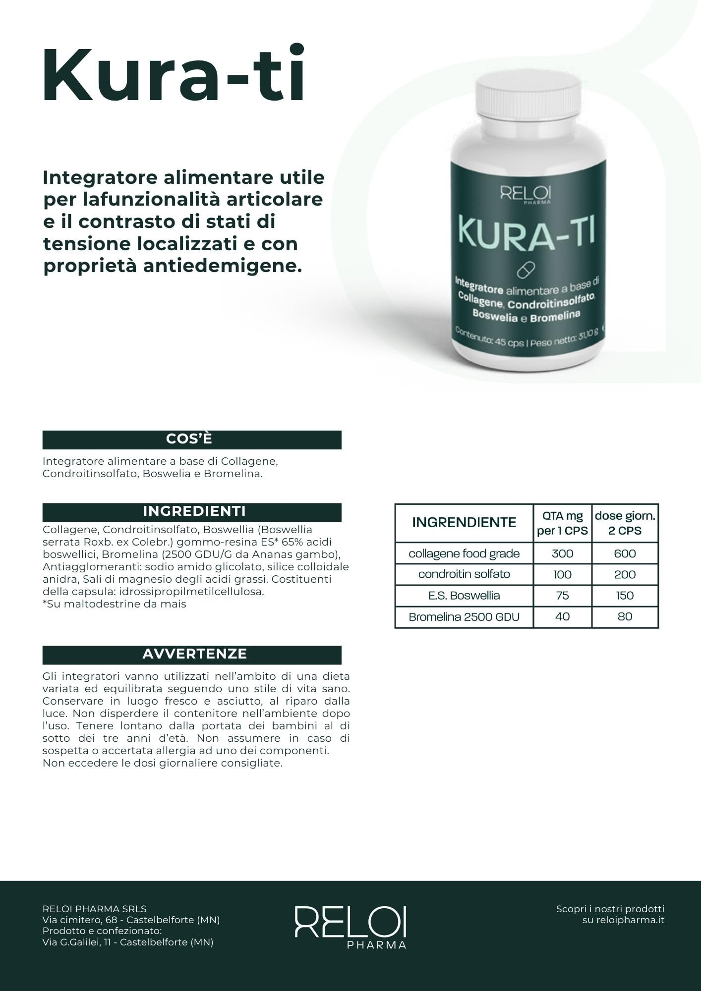 KURA-TI Condroprotettore per Articolazioni, con Collagene, Condroitinsolfato, Boswellia e Bromelina. In Capsule. (90 cps)