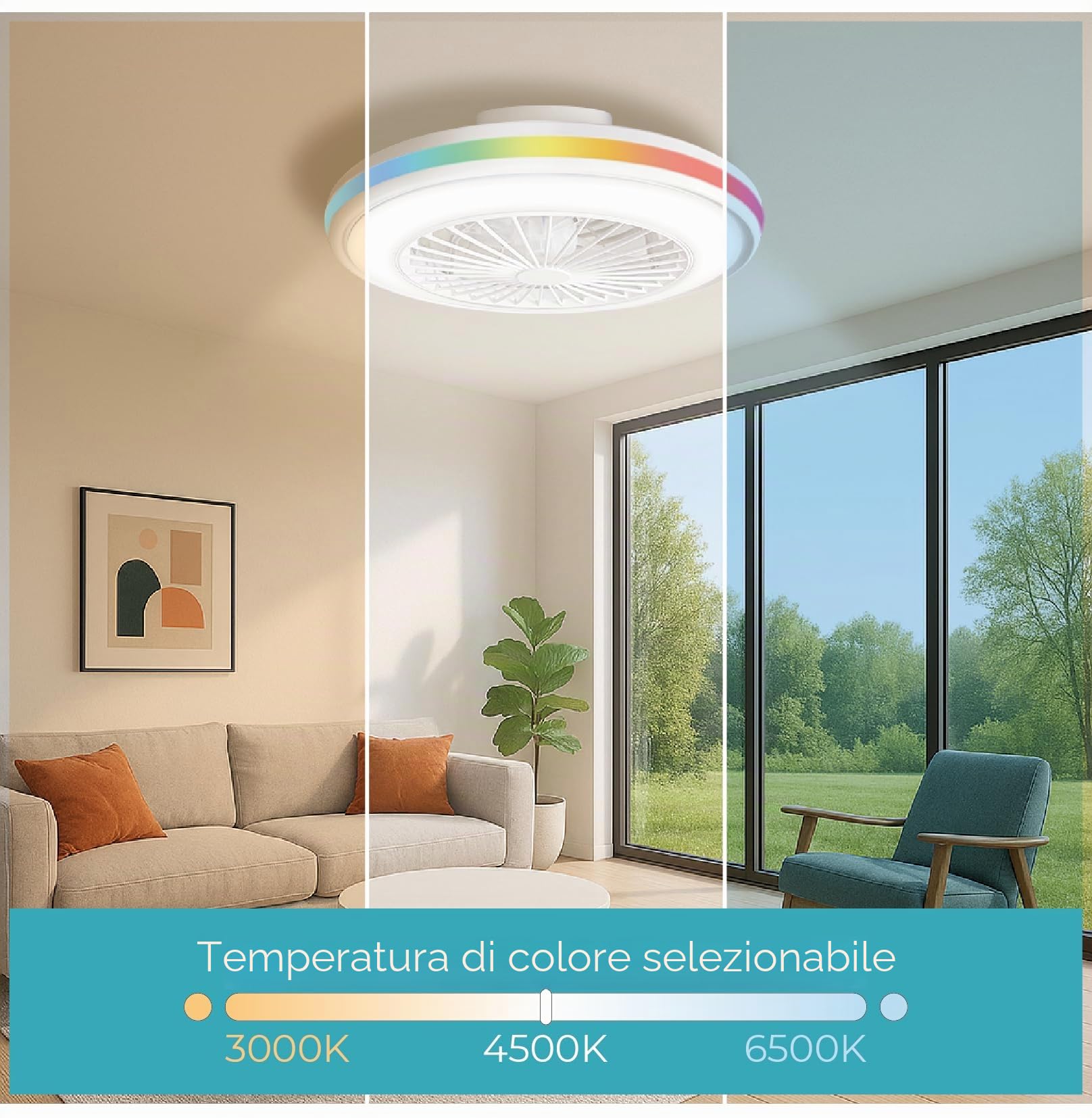 LED ATOMANT Ventilatore Soffitto Luce LED Diam 50cm 63W CCT e RGB Dimmer | 5000 lumen, Telecomando, Modalità estate/inverno, 6 velocità
