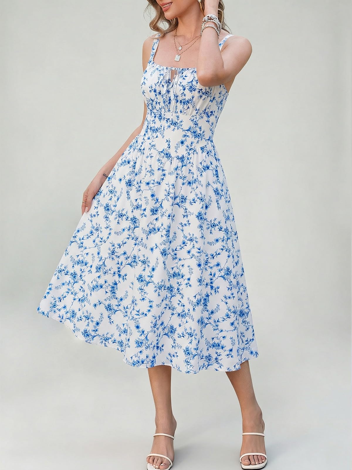 Cicy Bell Damen Sommerkleid Blumenmuster Maxikleid Ärmellos Strandkleid Elegant Taillert Kleider Spaghetti Trägerkleid