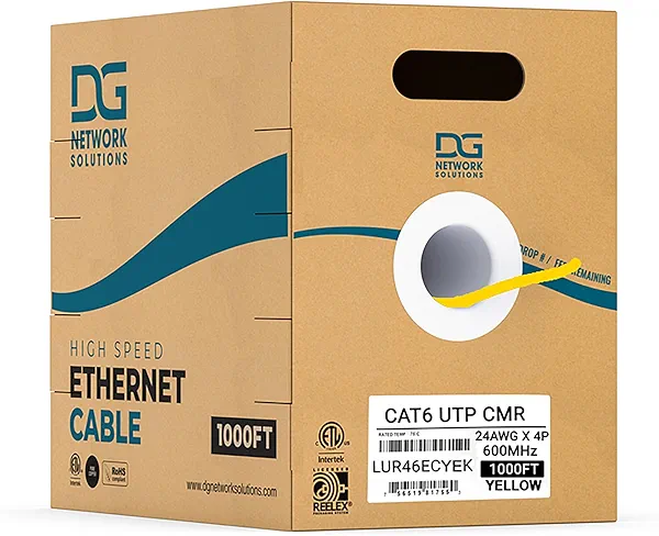 DG Cat6 Riser (CMR), 1000ft, Unshielded, 24AWG, with Spline (+), Solid Bare Copper, 600MHz, ETL Listed, Indoor/Home/Commercial Use, Bulk Ethernet Cable, Yellow