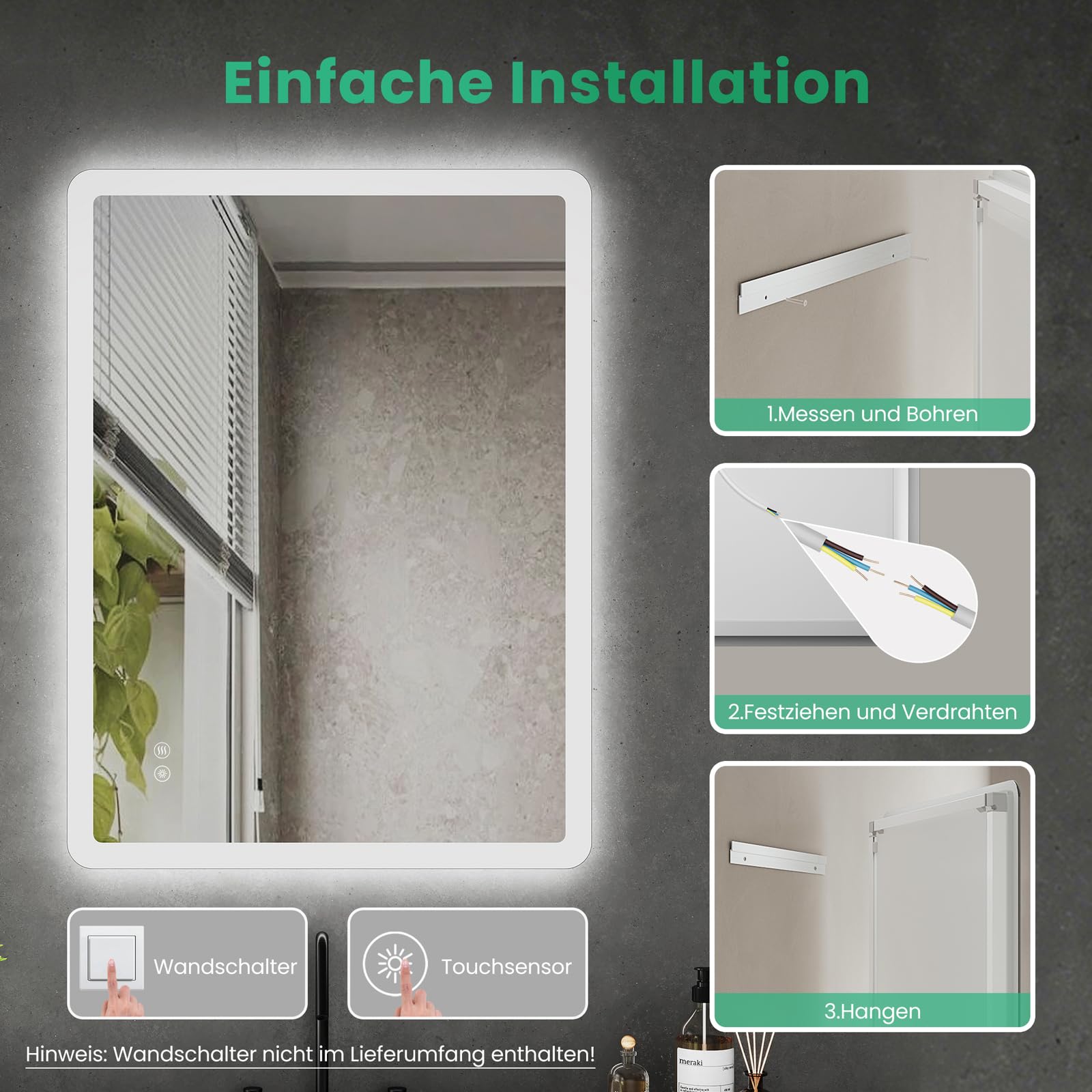 Cozynest Badezimmerspiegel mit Beleuchtung 80x60cm Rechteckig Badspiegel LED Spiegel Badezimmer Wandspiegel Touchschalter mit 3 Lichtfarben Dimmbar,Speicherfunktion, IP44 Wasserdicht,Energiesparend