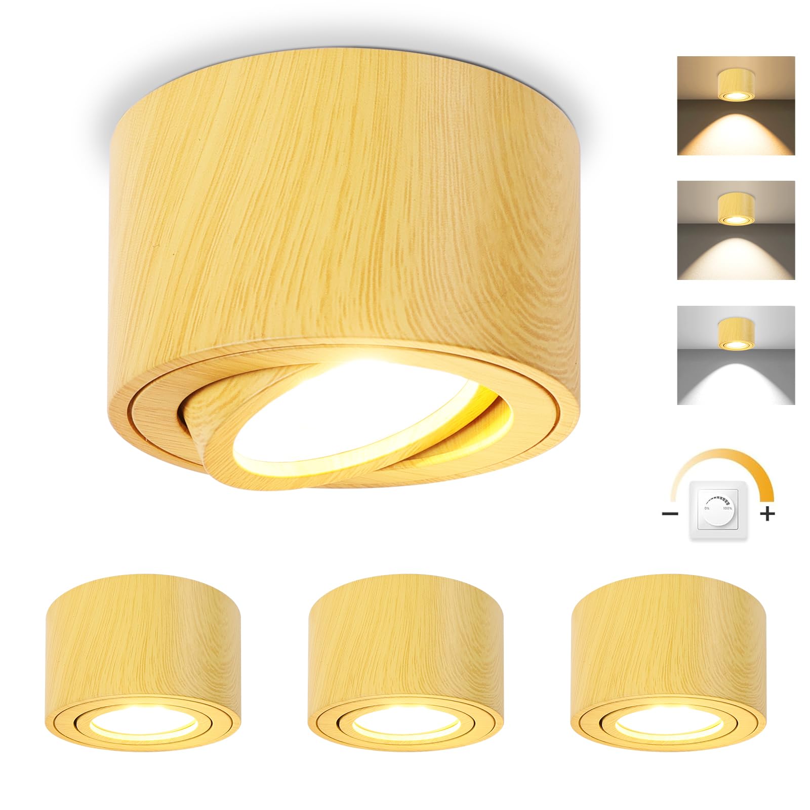 GeyouLux LED Aufbauspots Dimmbar - Extra Flach & 30° Schwenkbar Ø80x50mm Deckenspots Holz - inkl. 5W 500LM LED Modul 230V - 3000K/4000K/6500K Aufbauleuchte Aufputz Spots Aufbaustrahler Rund 4 Stück