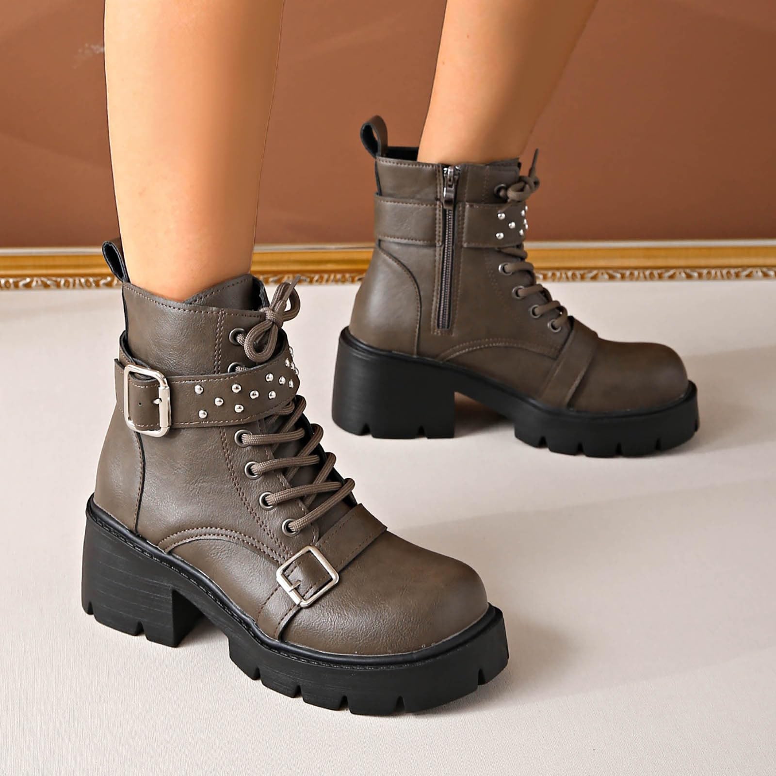 Genérico Botines Mujer Vestir Cordones Plataforma Botas Punta Redonda Elegantes Zapatos Cómodas Ligeros Caminar Bota Informales Antideslizantes Botin para Otoño Invierno Trabajo Paseo y Uso Diario