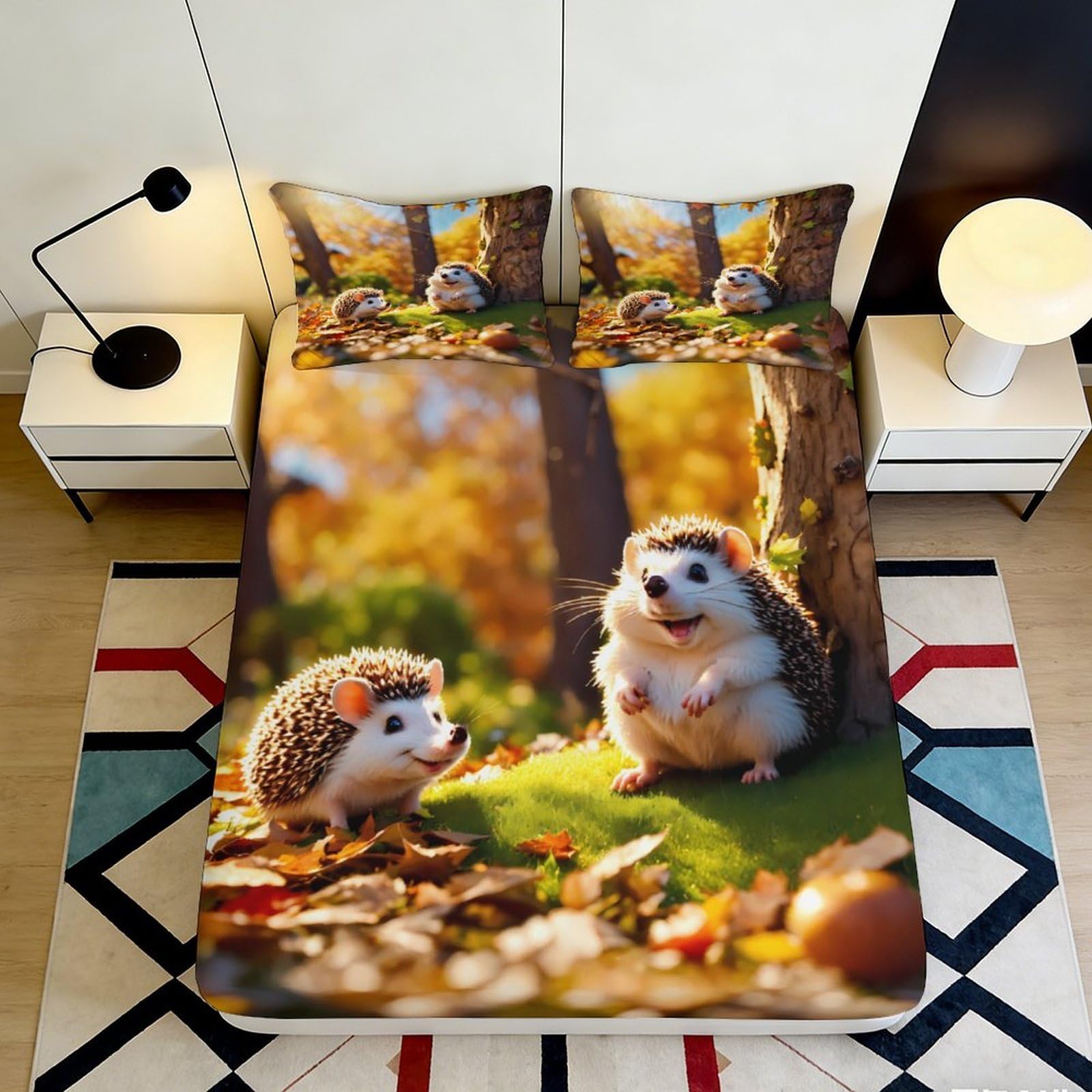 3D Printed Autumn Hedgehog Fitted Sheet Microfiber Soft Non-slip Forest Leaves Mattress Cover for Bedroom Dorm Decor 200x200x25cm