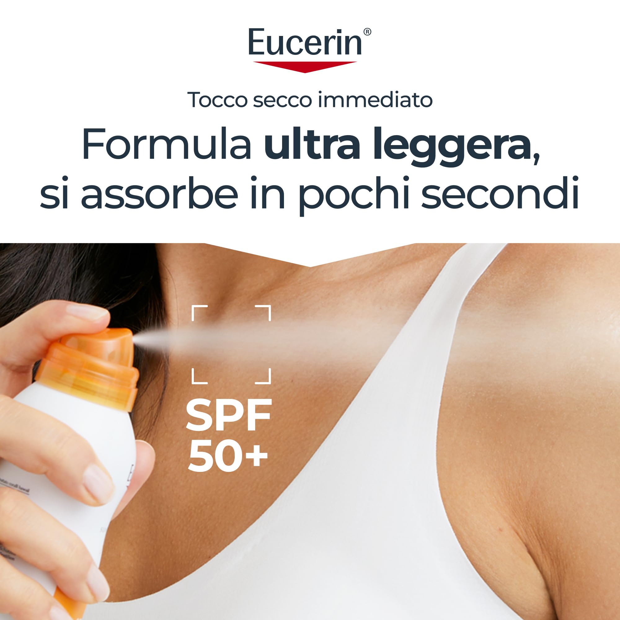 Eucerin Oil Control Body Sun Transparent Dry Touch SPF 50 200 ml, Crema solare 50 spray con filtri UVA/UVB, Protezione solare 50 spray trasparente per pelle sensibile e acneica