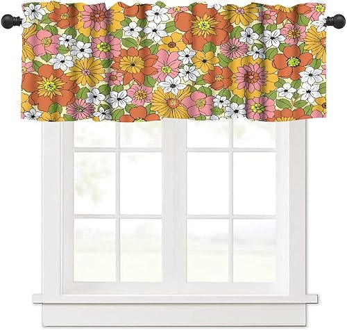 Cortina de cenefa floral retro de los años 70, diseño de flores hippie, bohemio, estampado abstracto de estética, tratamientos de ventana pequeñas
