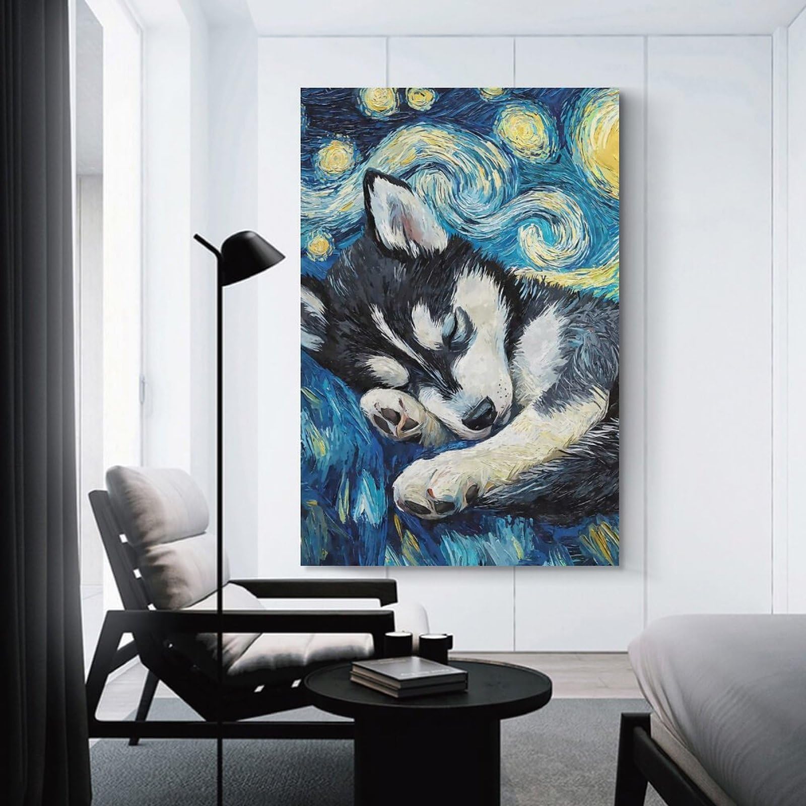 Junmoney Unframe-Style-6 Wall Decor Canvas Print Husky Puppy Starry Night, 24X36inch(60X90cm), For Living Spaces, Bedrooms Or Relaxed Rooms, A Home Accent With Warm Character