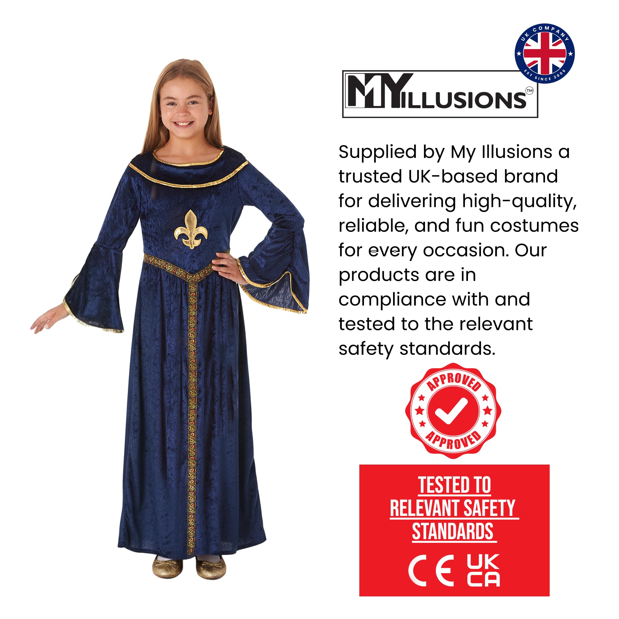 My Illusions Girls Blue Tudor Girl Historical Medieval Fancy Dress Kids Book Day Halloween Costume Childs Outfit (Small 4-6 Years) - Image 4