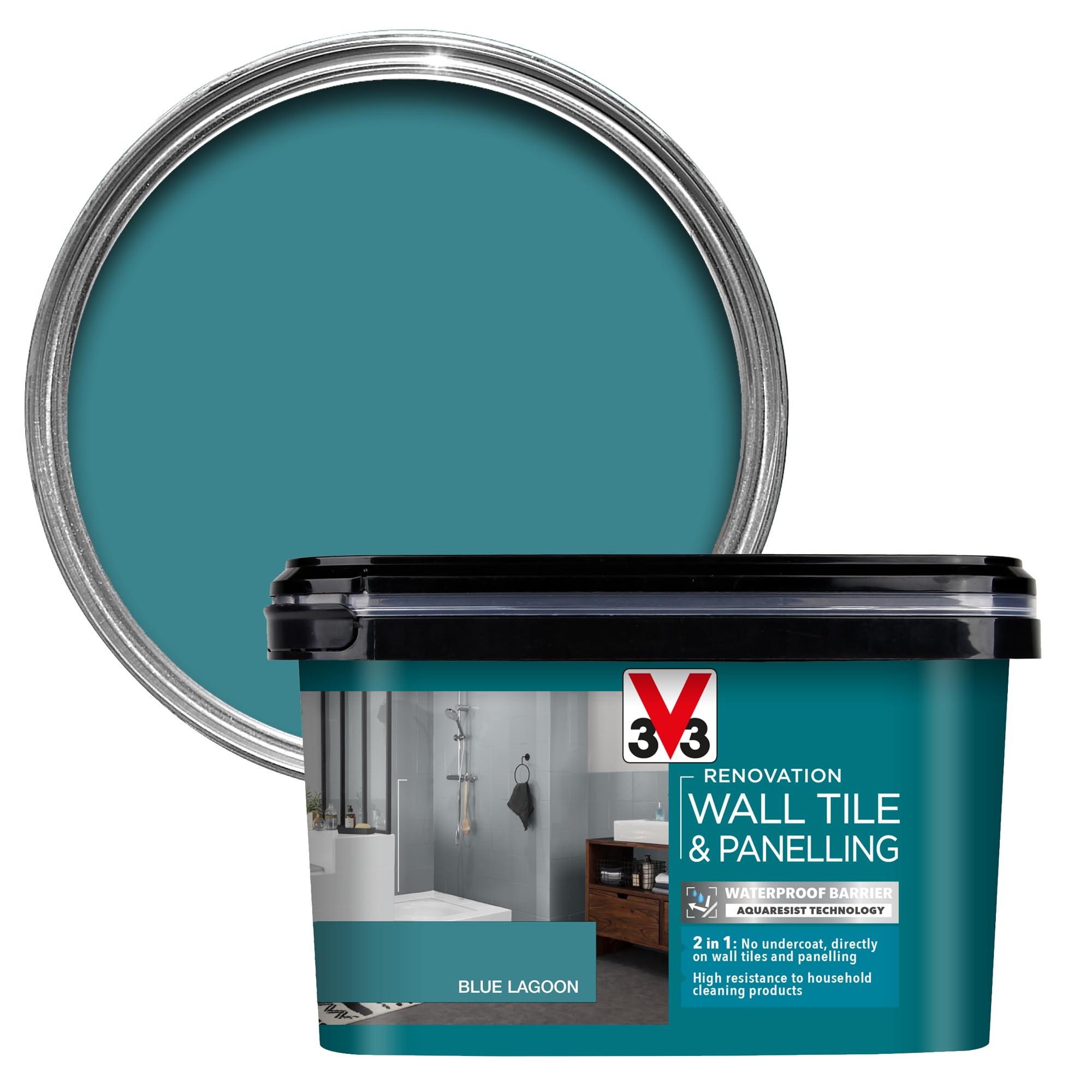 V33 Renovation Blue Lagoon Satinwood Bathroom Wall Tile & Panelling Paint2L from B&Q