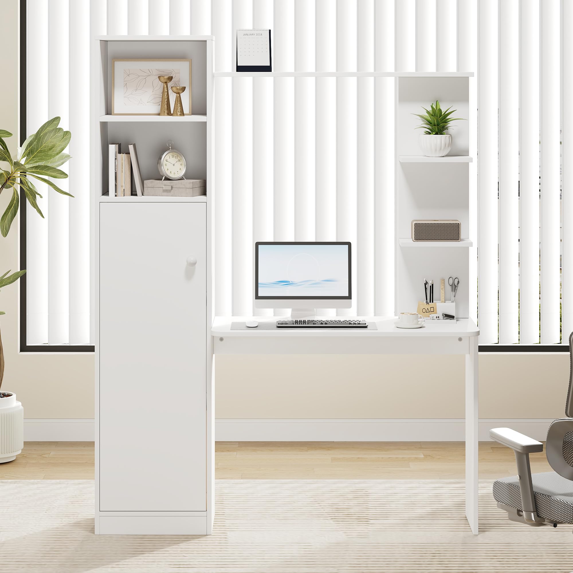 BTM Schreibtisch mit Schrank und Aufsatzregal, Modernes Bürotisch Schreibtisch mit Stauraum und Regal Weiß