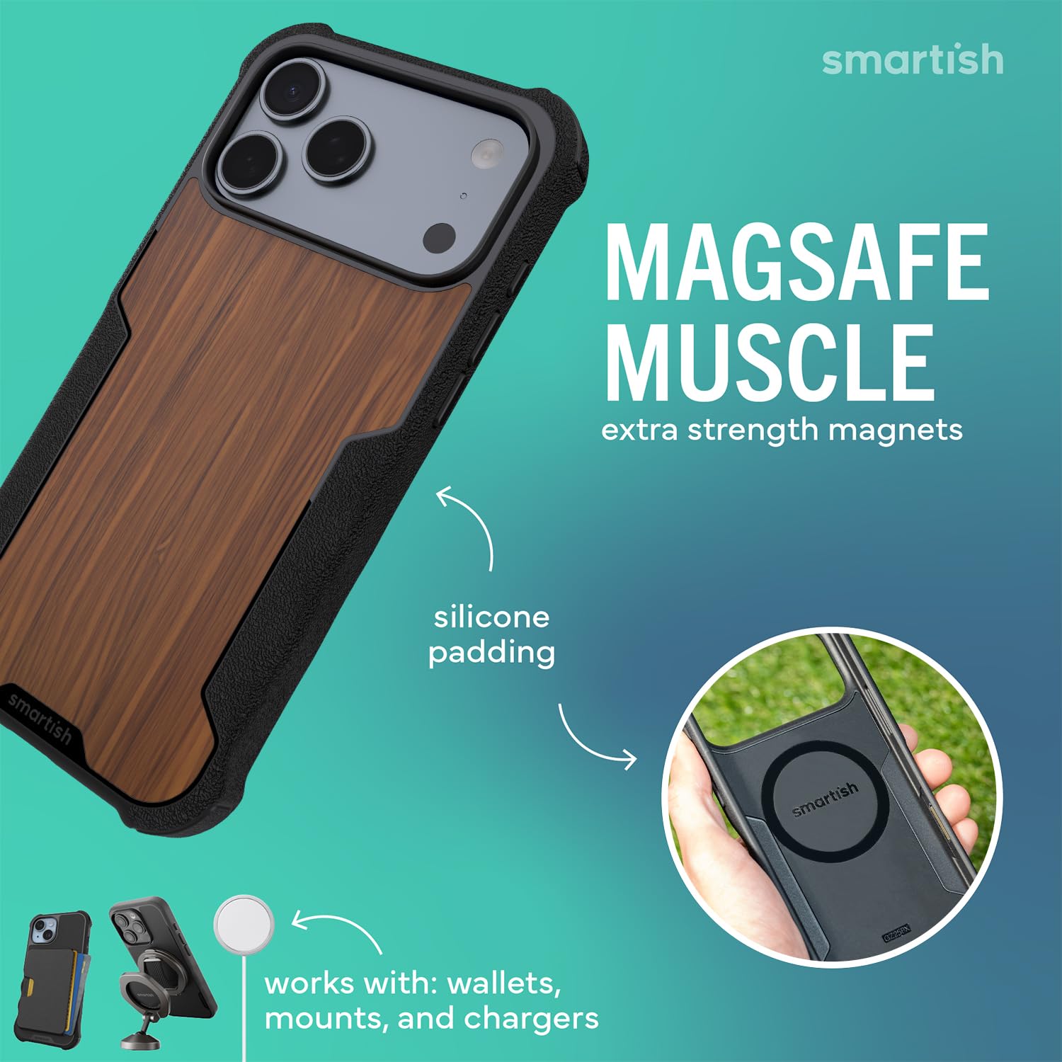 Smartish iPhone 17 Pro Max Hülle MagSafe, Gripzilla, Grip Cover, Woodgrain | Magnetische, robuste, schützende Rüstung in Militärqualität, sturzgetestet ab 1,8 m, stoßfest, Silikon-Innenseite