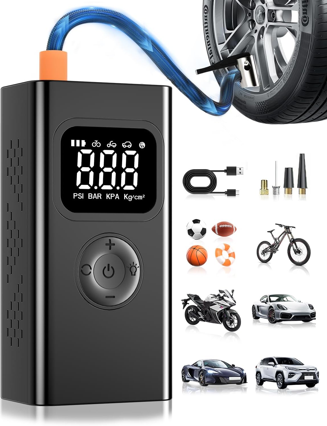 portable air compressor,150PSI air pump for car tires for Car-3X Faster Tire Pump for SUV, Motorcycle, Balls and Bicycle Built-in digital pressure gauge, LED emergency warning light