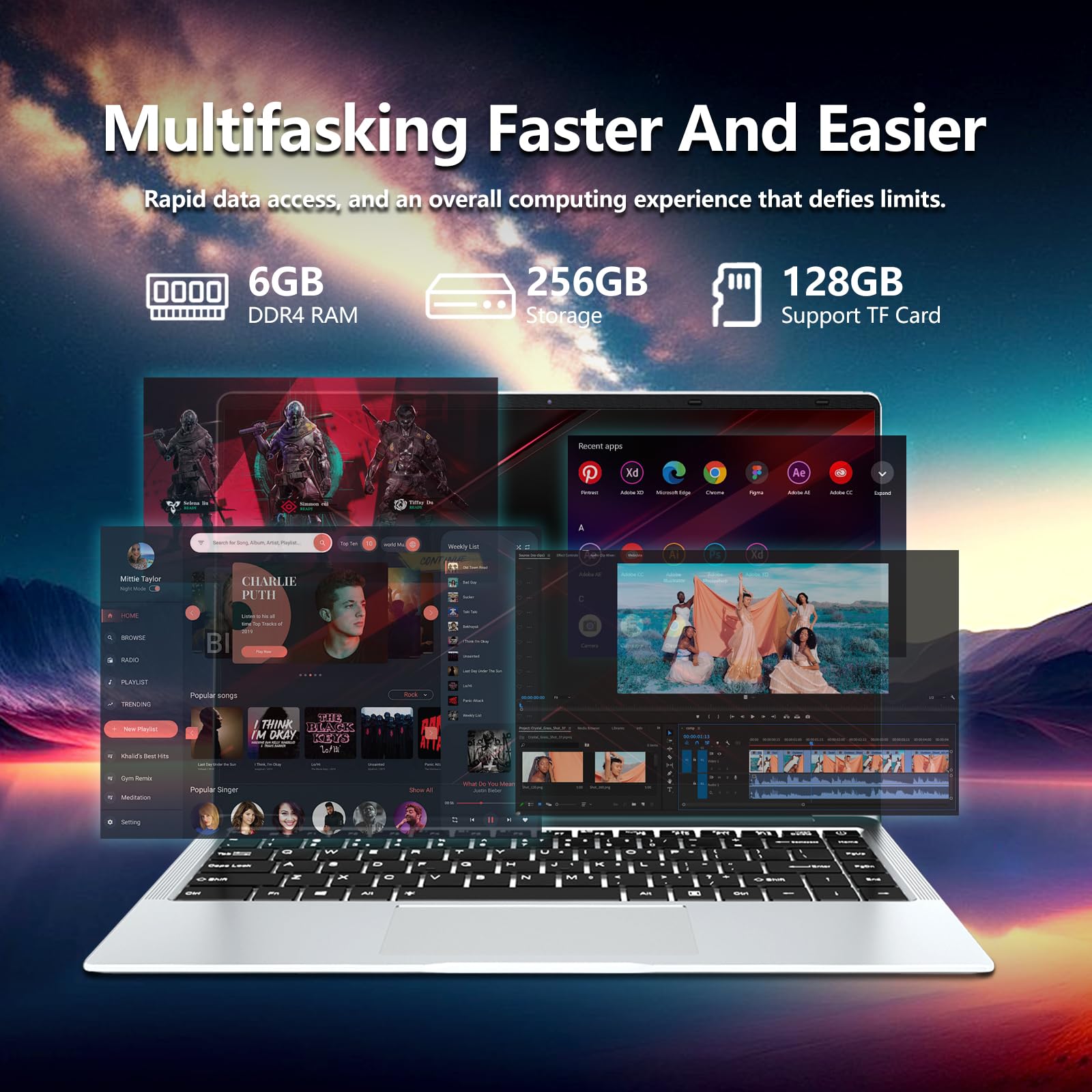 PC Portatile Win 11Pro OS, 14,1 Pollici Notebook Celeron N4000 Processor, PC Portatile 6GB LPDDR4 RAM 256GB SSD, Notebook 1080P Schermo 180°Flip, Laptop + Mini-HDMI/USB3.0/BT4.2/TF Card Slot/Webcam