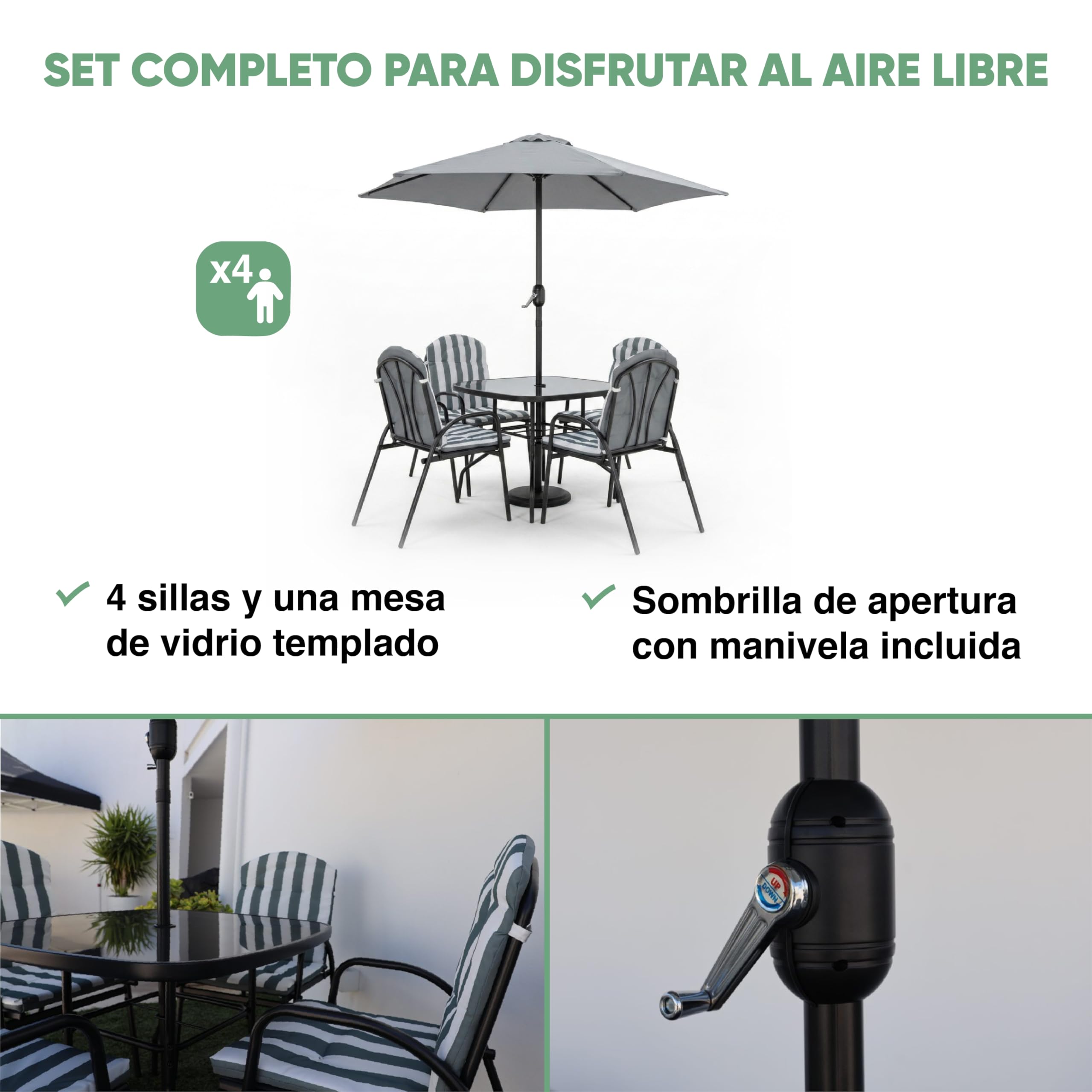 KG KITGARDEN Conjunto Balcón/Terraza, 1 mesa centro, 4 sillones y 1 parasol, Gris, Set Dakota