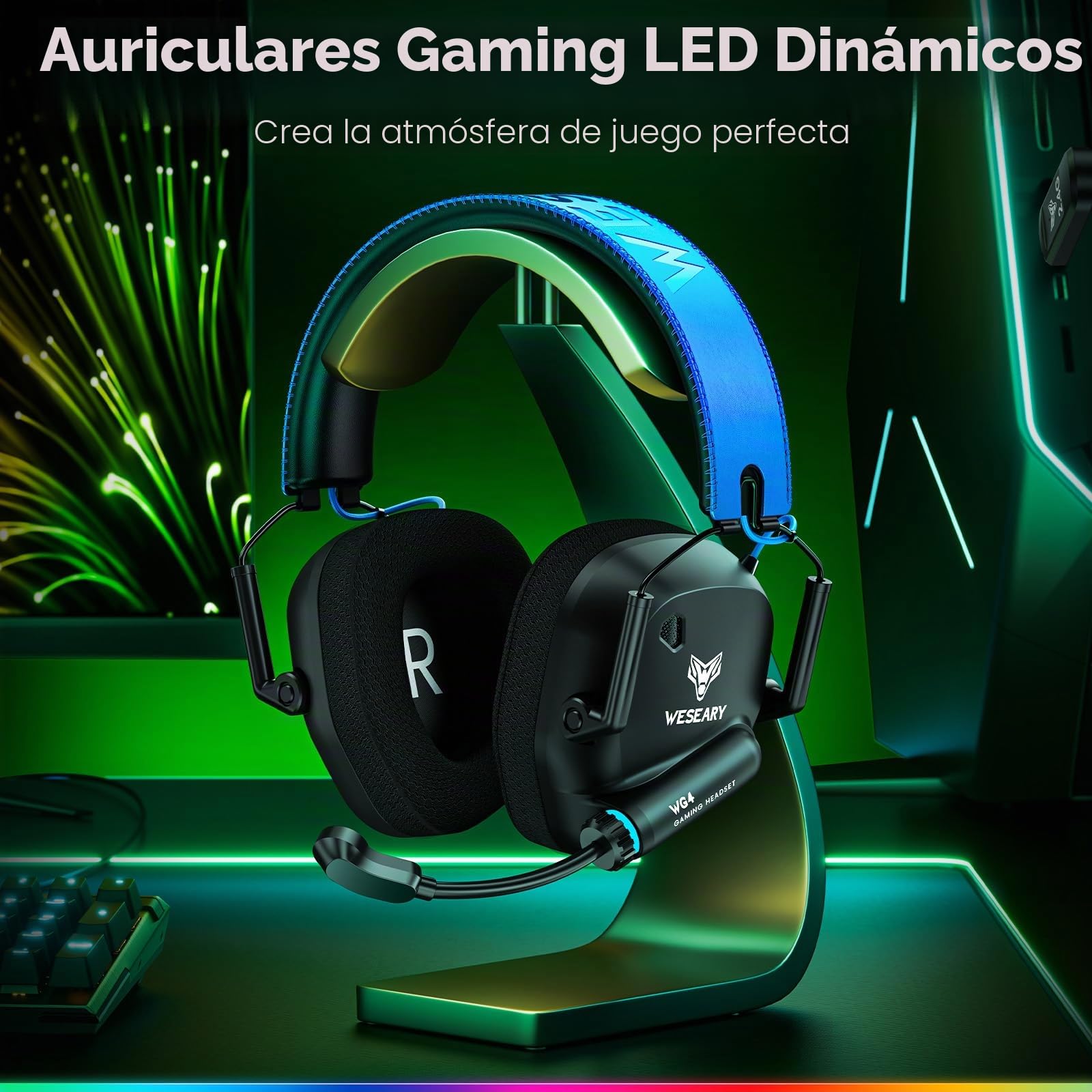 WESEARY WG4 Cascos Gaming Inalambricos, Auriculares Gaming de 2.4G para PS5, PS4, PC, Switch, Mobile, Sonido Estéreo Auriculares con Microfono, Duración 45Hr+