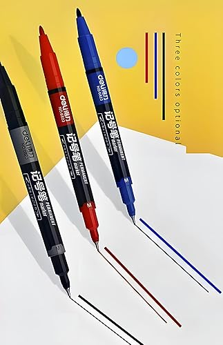 Miniatura 2 de loham Deli - Marcadores permanentes de doble punta, 12 unidades, punta fina y punta ultrafina, para firma y marcado, negrorojoazul, envoltura de