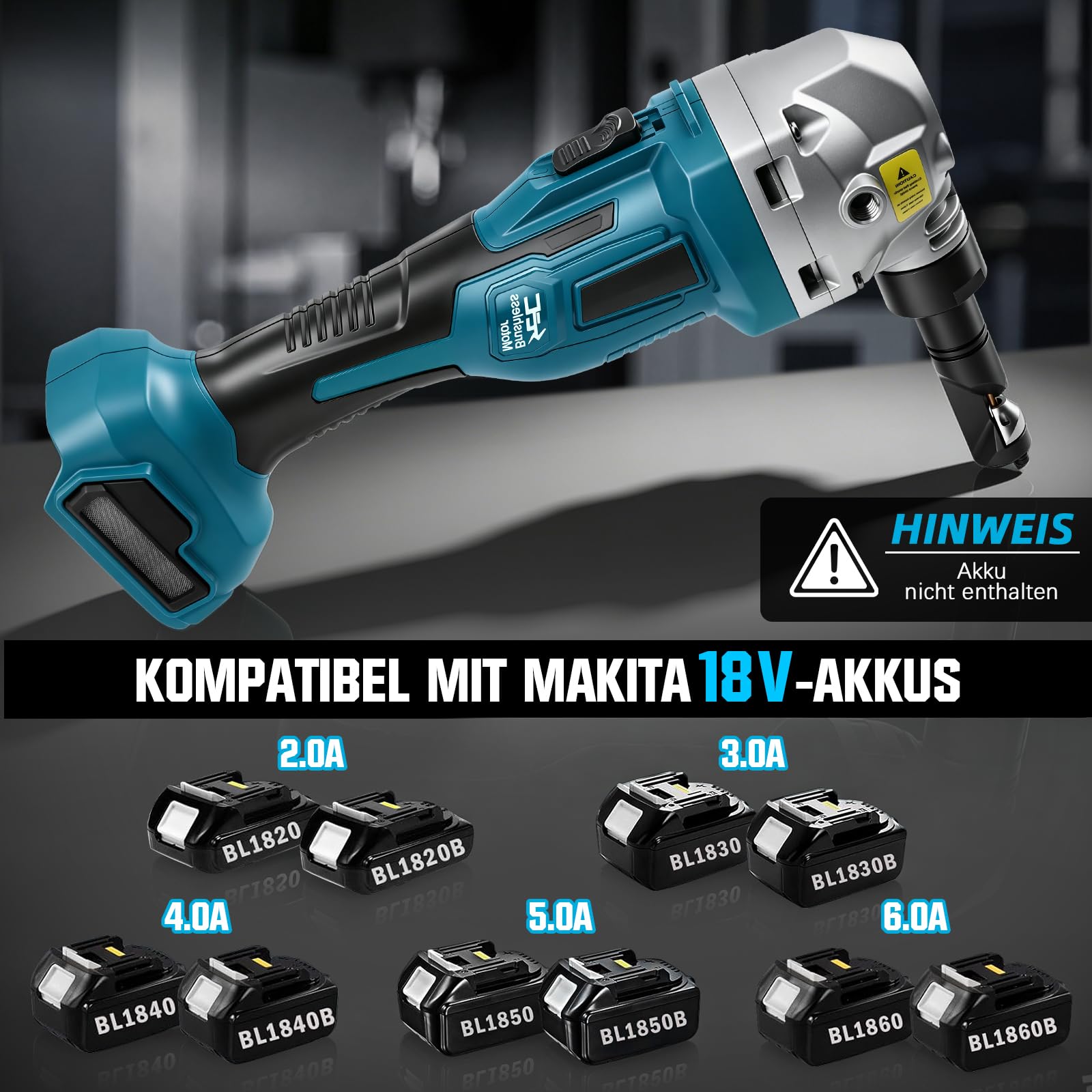 Knabber Blechknabber Kompatibel mit Makita Akku 18V, 800W Kabellose Blechnibbler mit Bürstenlos Motor, 2200U/min, 360° drehbarer Knabberkop Elektrische Blechschere für Edelstahl & Aluminium(ohne Akku)
