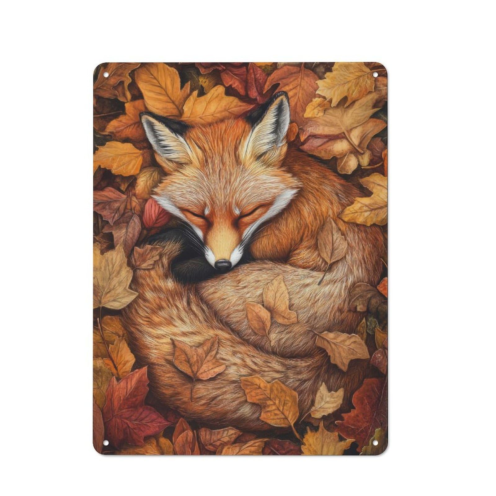 Junmoney Sleeping Fox In Autumn Leaves Vintage Metal Plaque 40X30cm, Diner Style Decor For Coffee Bar, Kitchen, Bistro Or Tea Corner